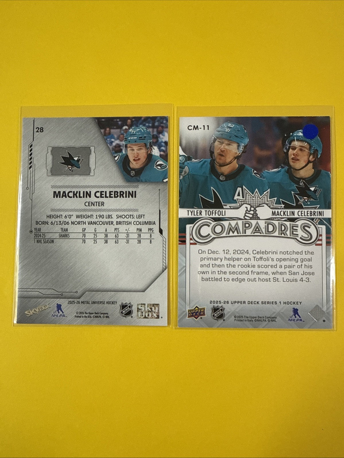 Macklin Celebrini 2025/26 Metal Universe + Upper Deck Hockey Cards - back