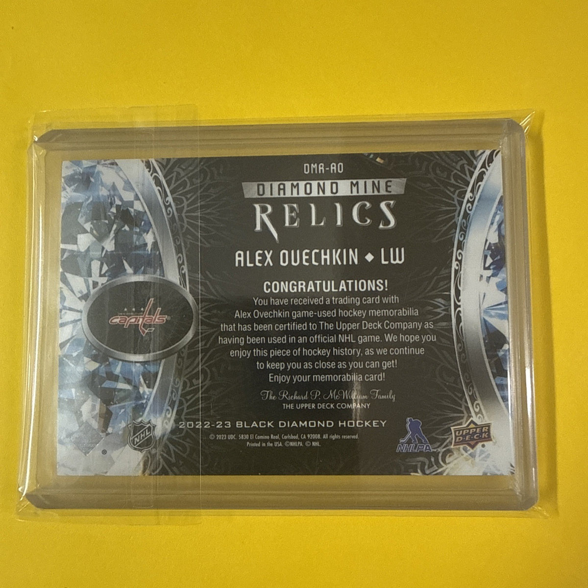 Alex Ovechkin 2023/24 Black Diamond Relics Card - back