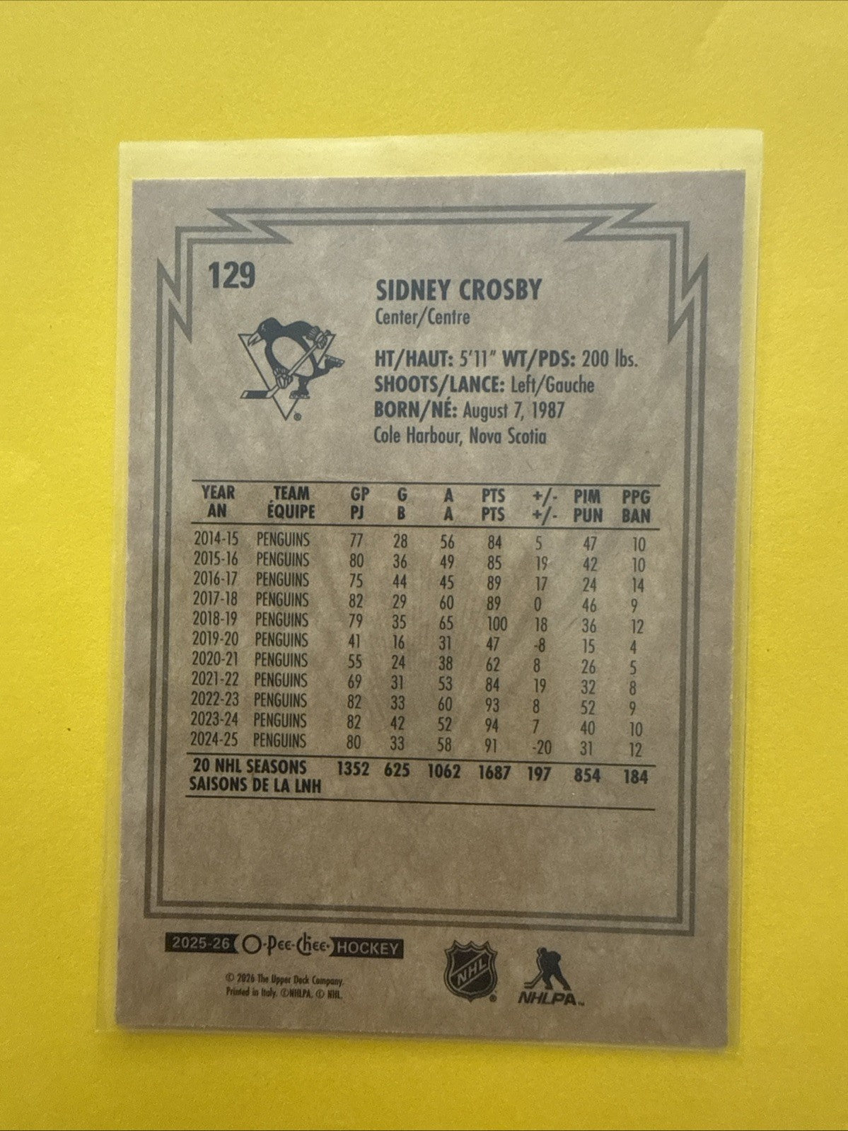 Sidney Crosby 2025/26 O Pee Chee Card - back