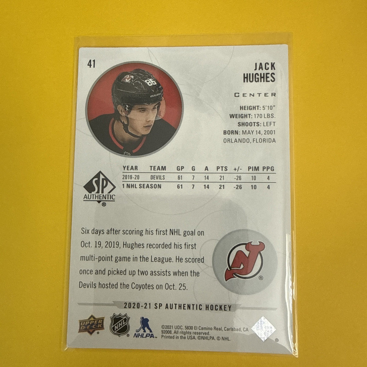 2020-21 Upper Deck SP Hockey Base #41 Jack Hughes - New Jersey Devils 2nd Year - back
