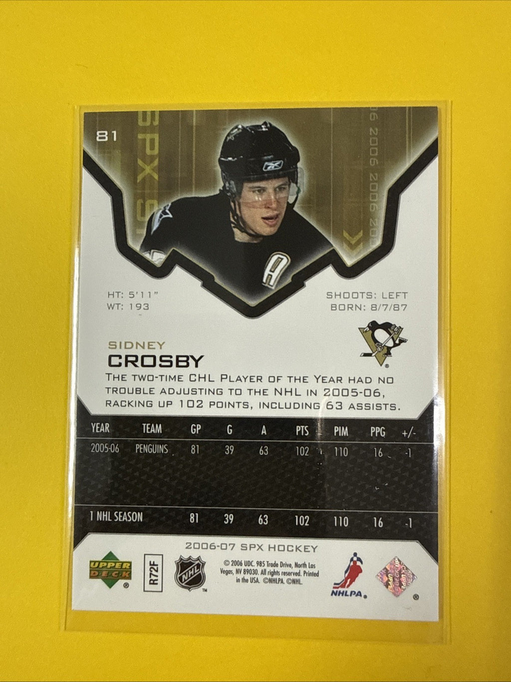 Sidney Crosby 2006/07 SPx Card - back