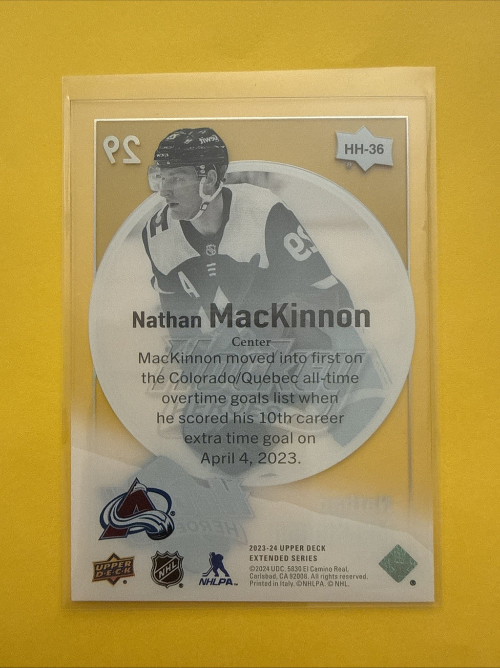 Nathan MacKinnon . 2023/24 UD Hockey Héros Clear Card - back