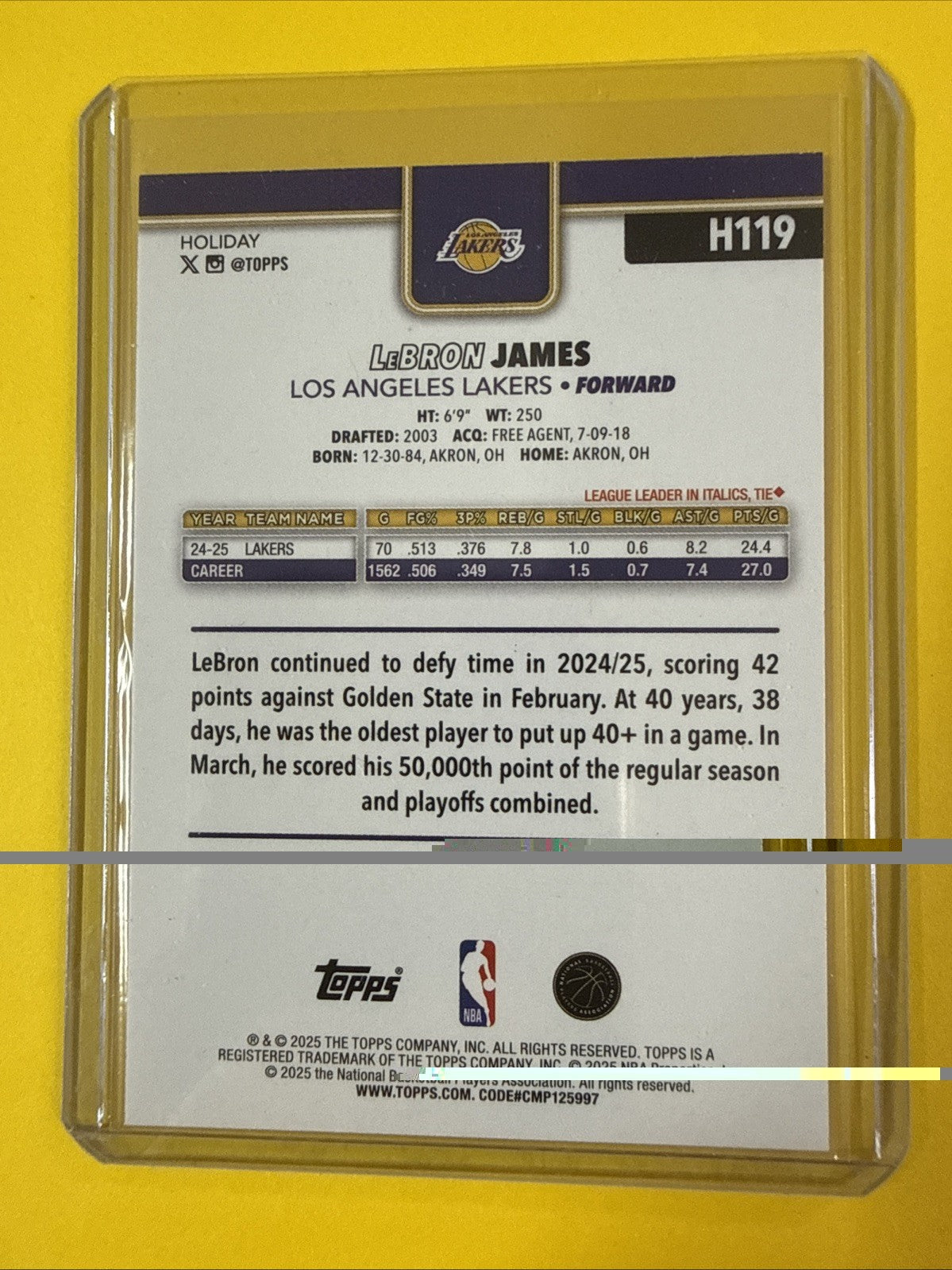 LeBron James 2025/26 Topps Holliday Card - back