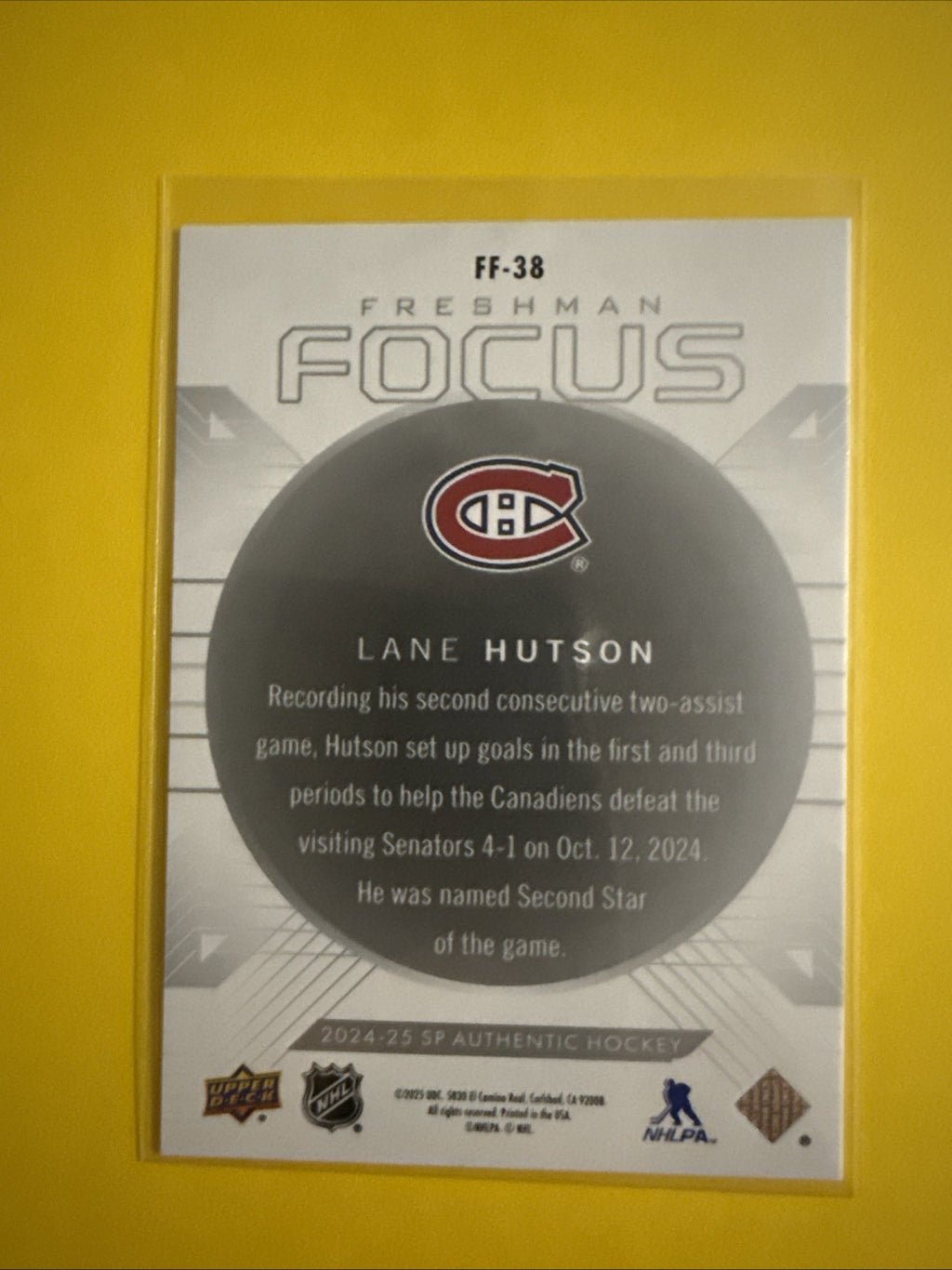 Lane Hutson 2023/24 SP Authentic Freshman Focus Rookie Card - back