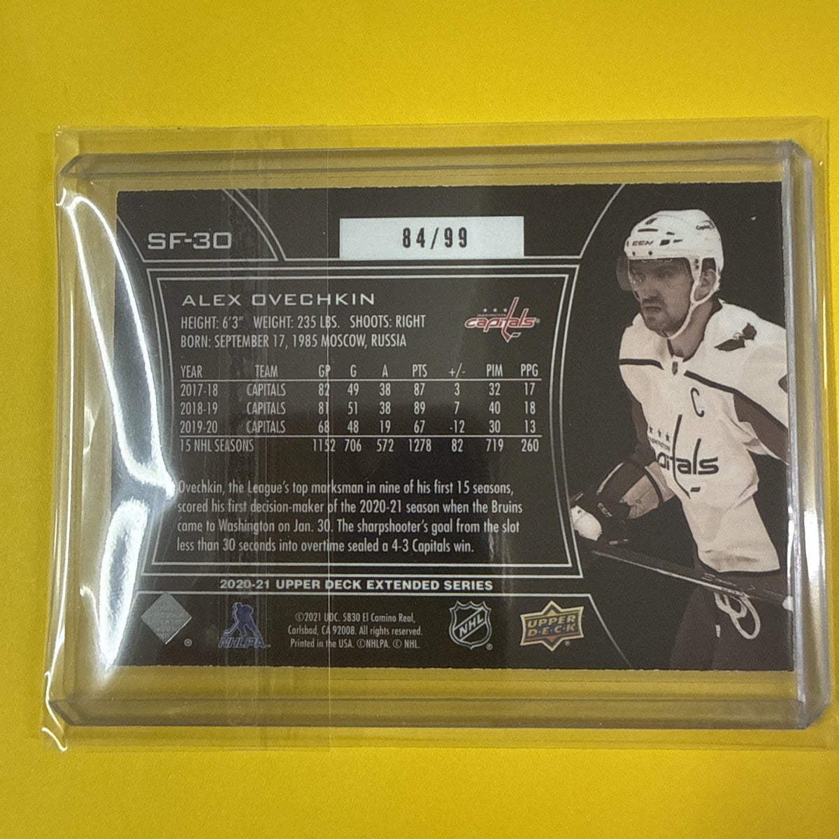 Alex Ovechkin 2020/21 UD SPx Finite Card 84/99 - back
