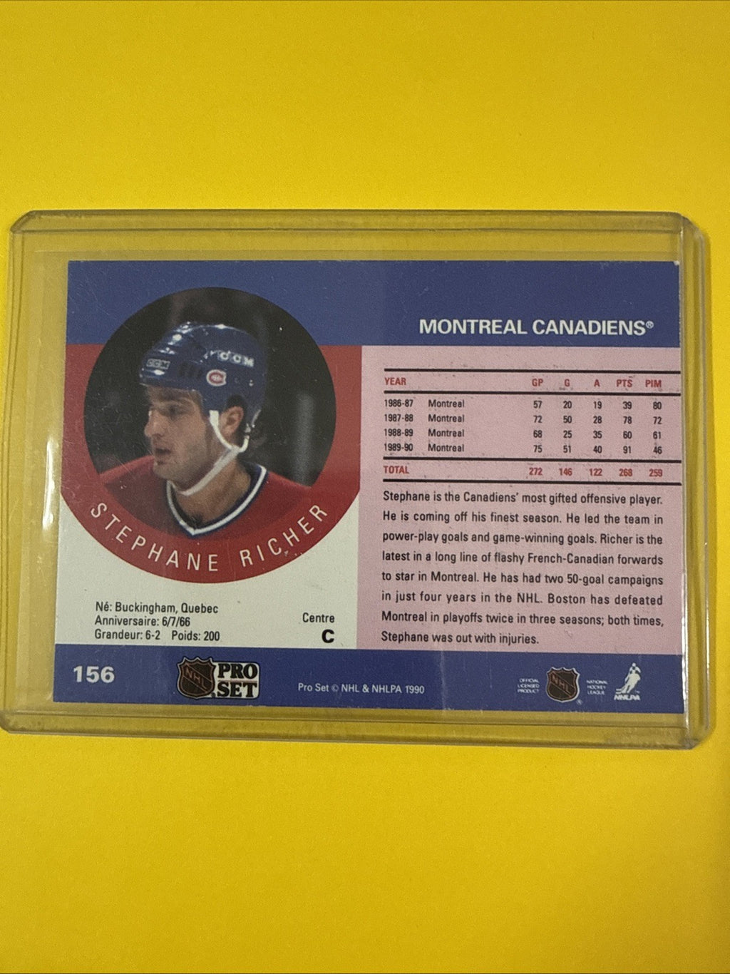 Stéphane Richer 1991 Pro Set Autographed Card - back
