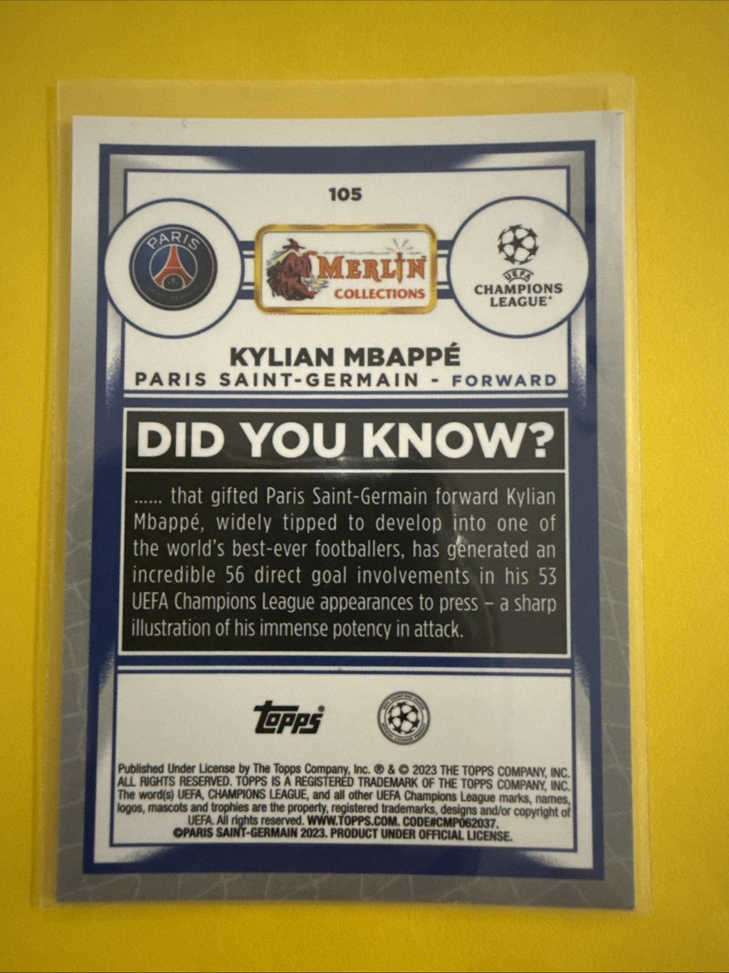 Kylian Mbappé 2023 Topps Chrome Merlin Soccer Card - back
