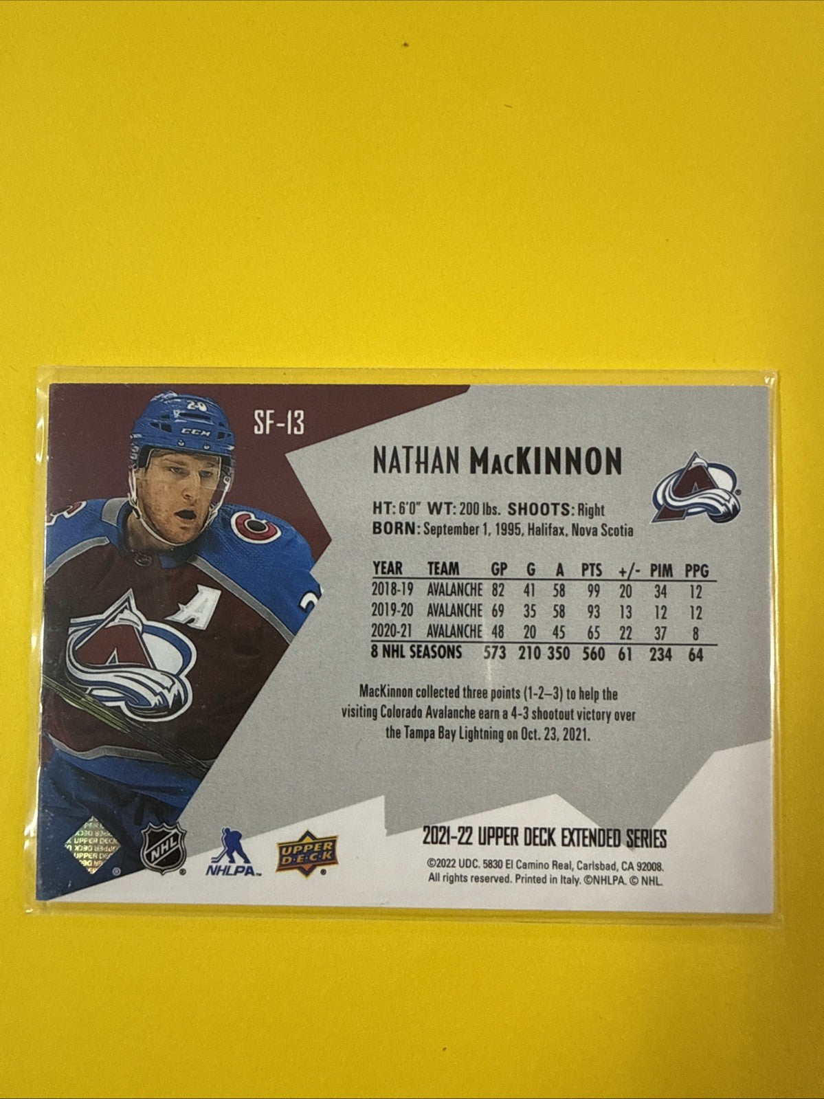 Nathan MacKinnon 2021/22 UD SPx Finite Card 828/2999 - back