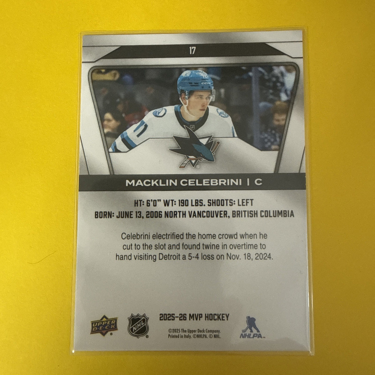 Macklin Celebrini 2025/26 Mvp Hockey Card - back