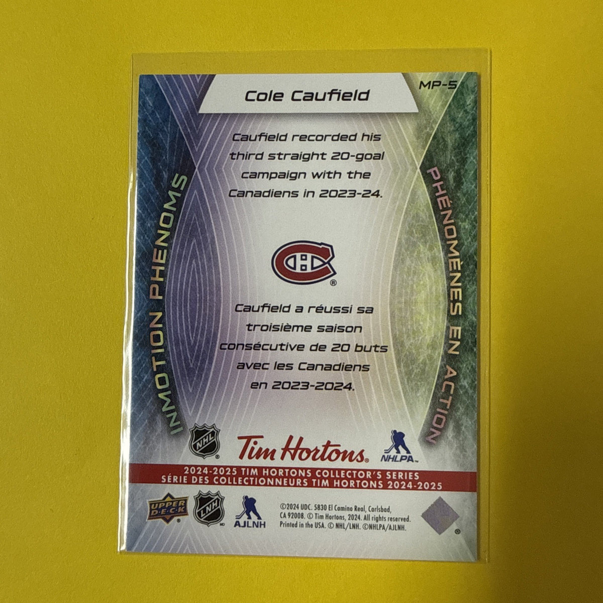 Cole Caufield 2024/25 Tim Hortons in Motion Phenoms Card - back