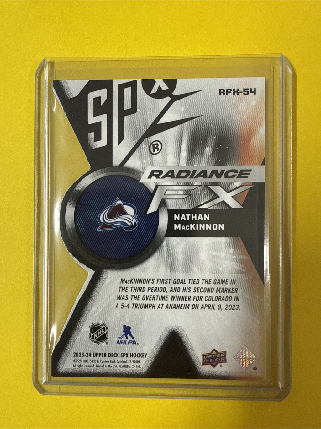 Nathan MacKinnon 2023/24 SPx Hockey Card Radiance FX 296/299 - back