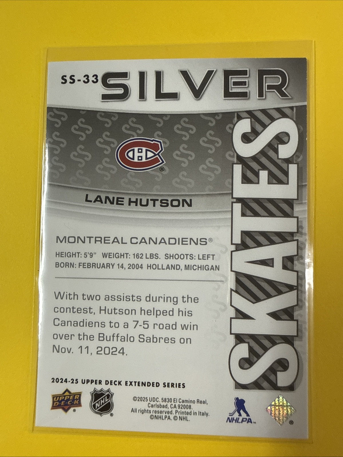 Lane Hutson 2024/25 UD Silver Skates Card - back