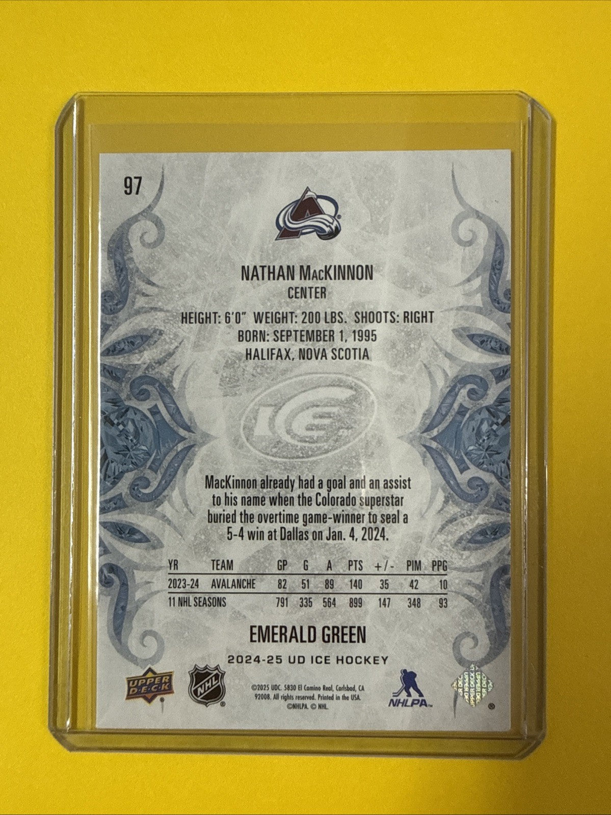 Nathan MacKinnon 2024/25 UD Ice Emerald Green Card - back