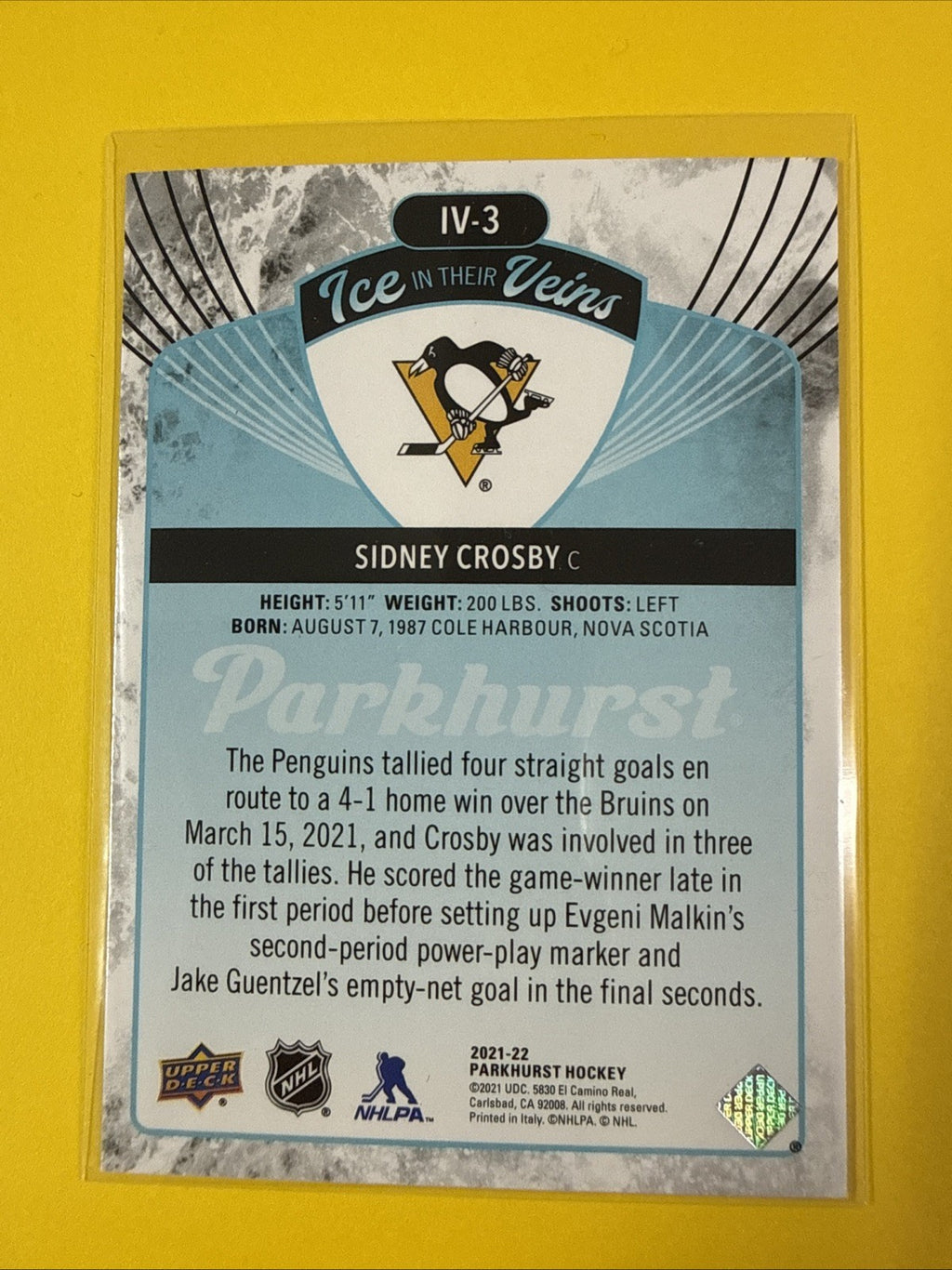 Sidney Crosby 2021/22 Parkhurst Ice in Their Veins Card - back