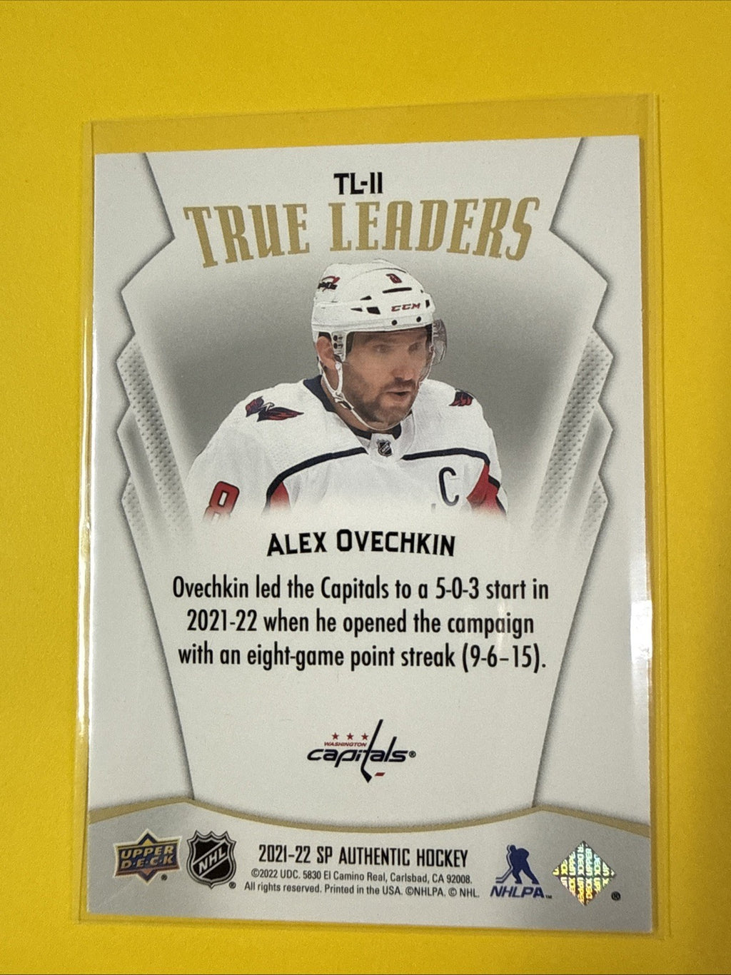Alex Ovechkin 2021/22 SP Authentic True Leaders Card - back