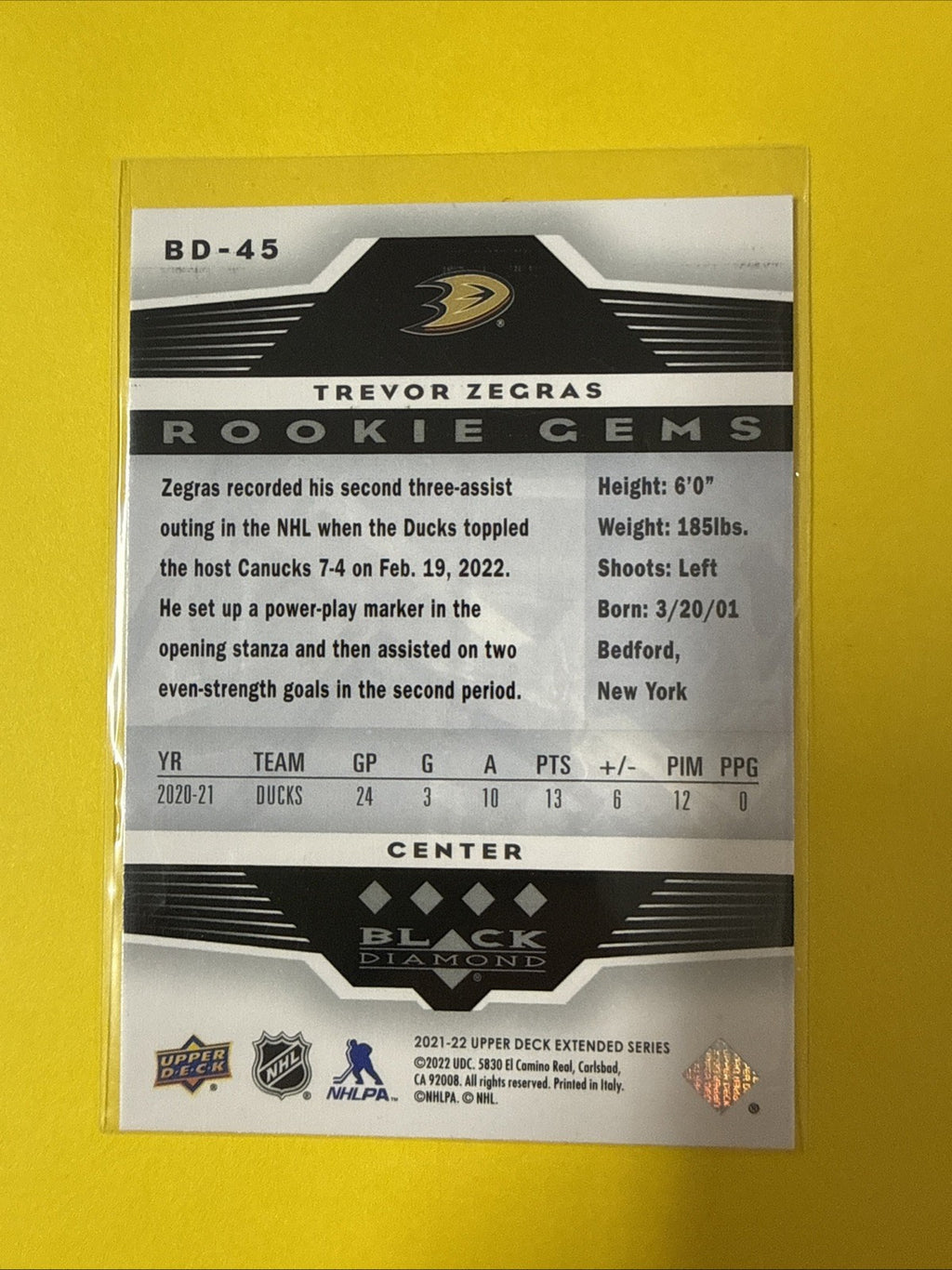 Trevor Zegras 2021/22 Black Diamond Rookie Card - back