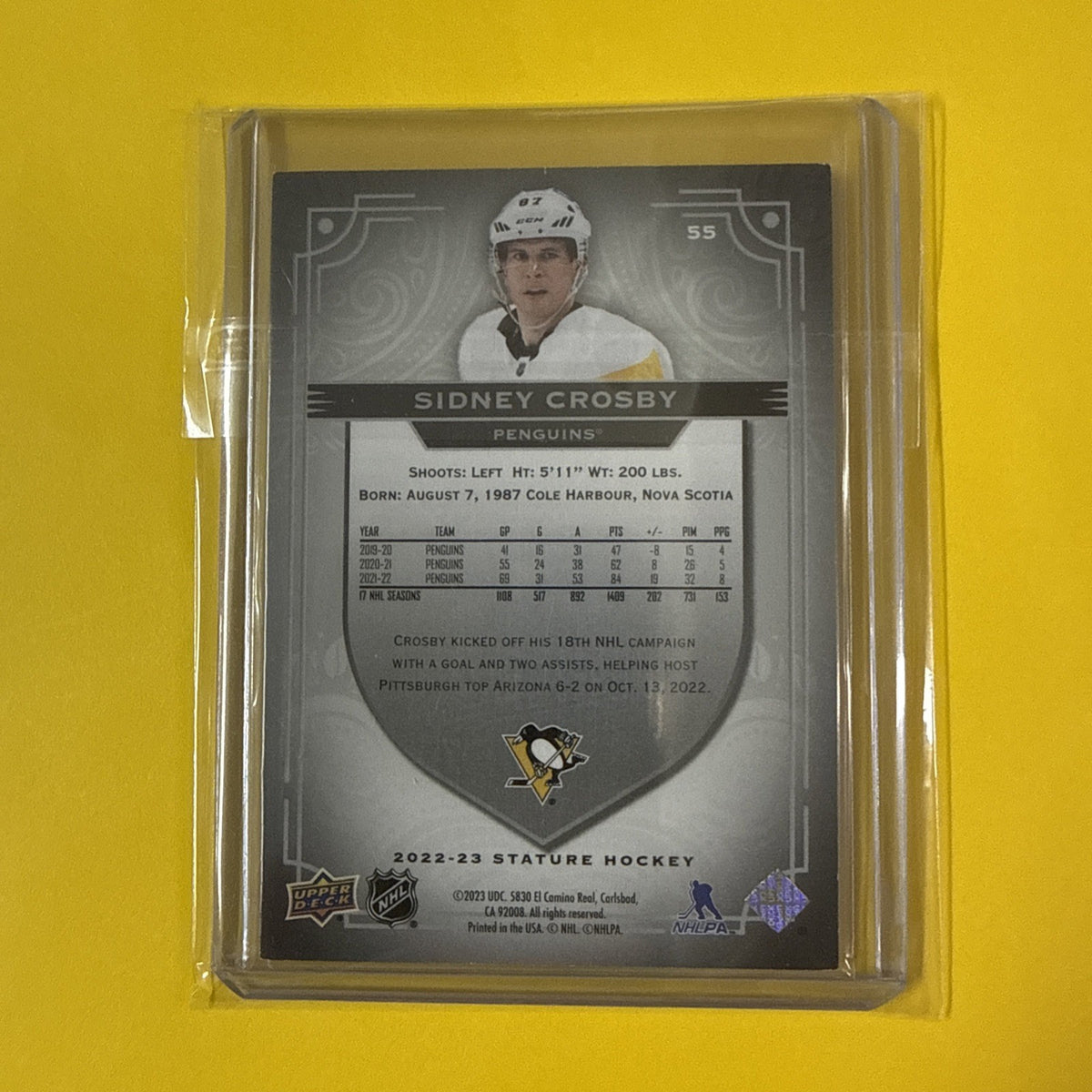 Sidney Crosby 2022/23 Stature Card Out of /99 - back