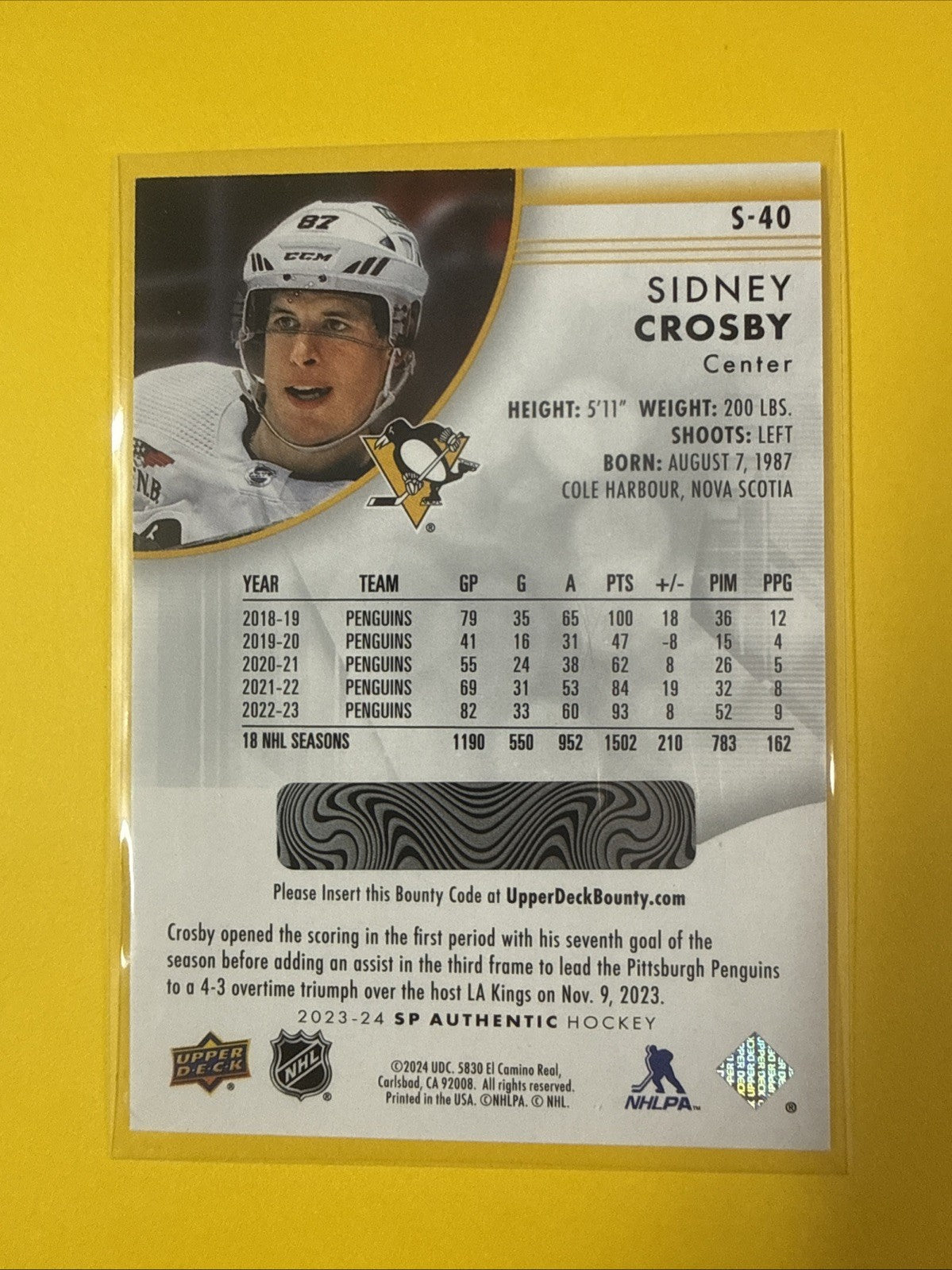 Sidney Crosby 2023/24 SP Authentic Spectrum FX Card - back