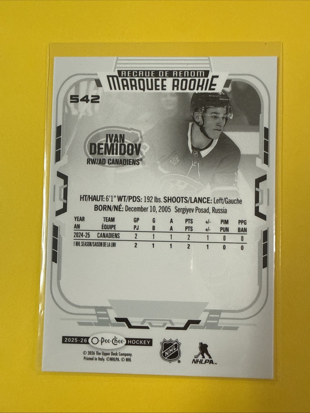 Ivan Demidov 2025/26 O Pee Chee Rookie Card - back