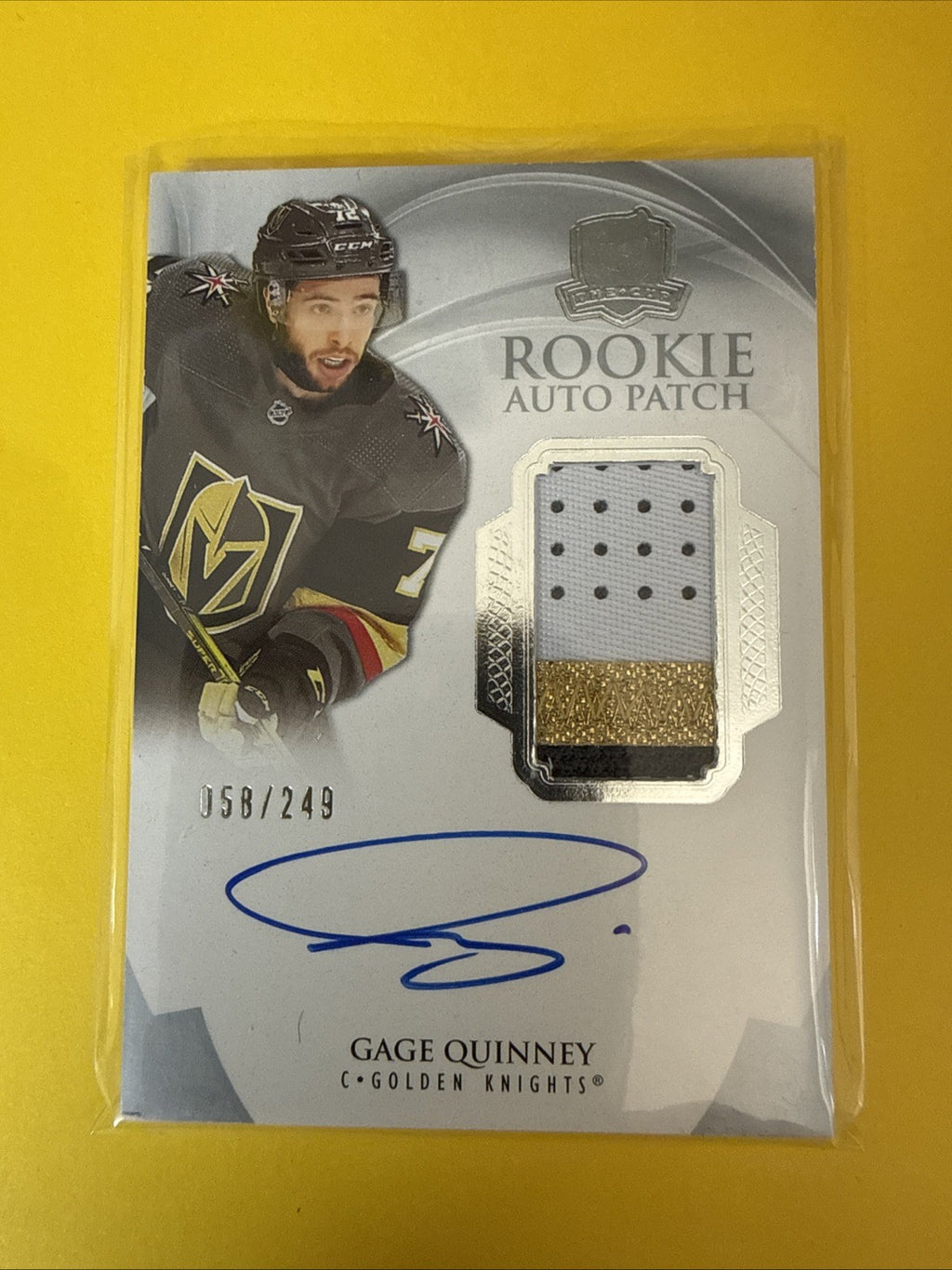 Gage Quinney . 2020/21 the Cup Rookie Autographed Patch Card 058/249 - front