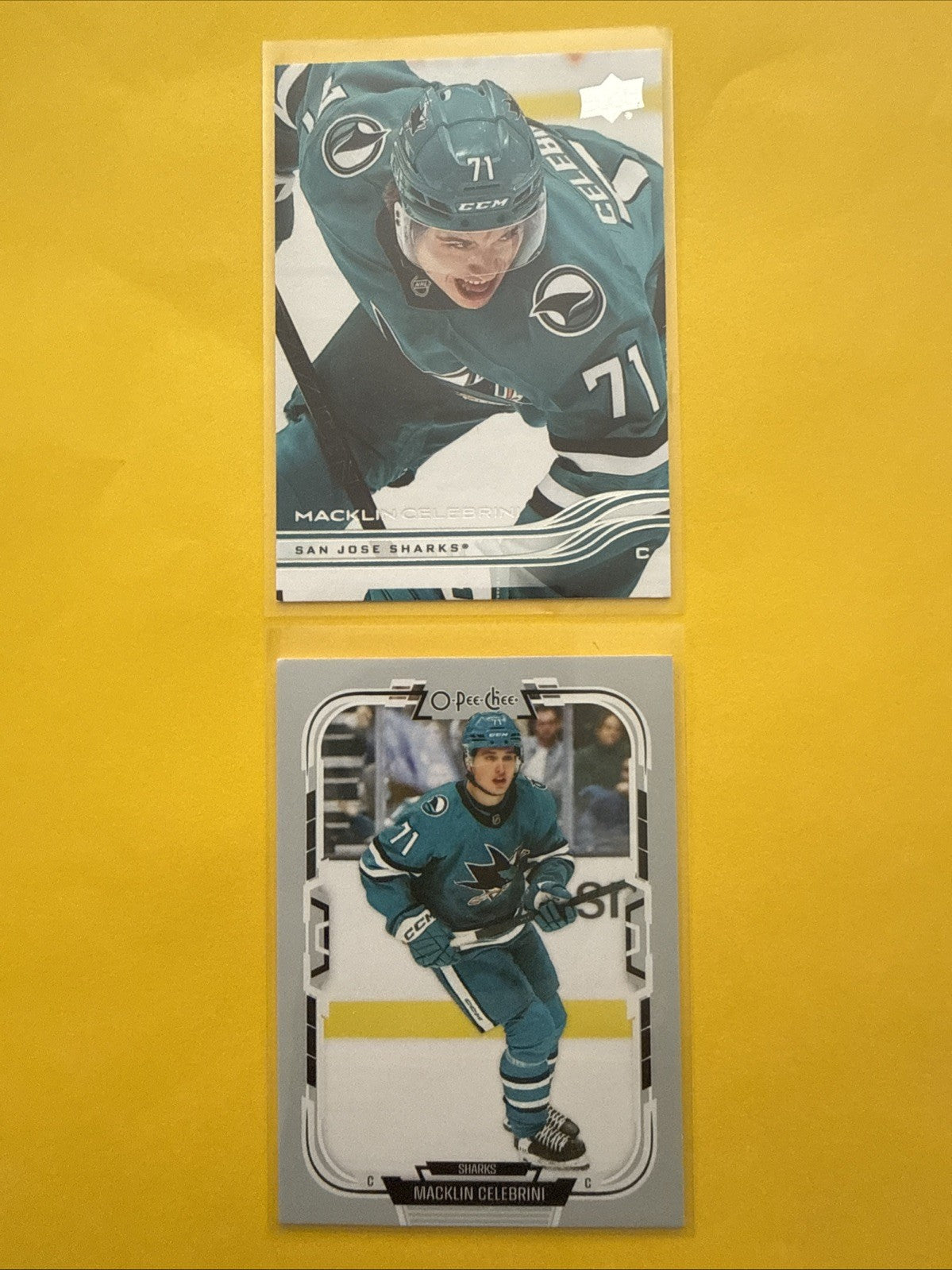 Macklin Celebrini 2025/26. O Pee Chee + Upper Deck Series One Cards - front