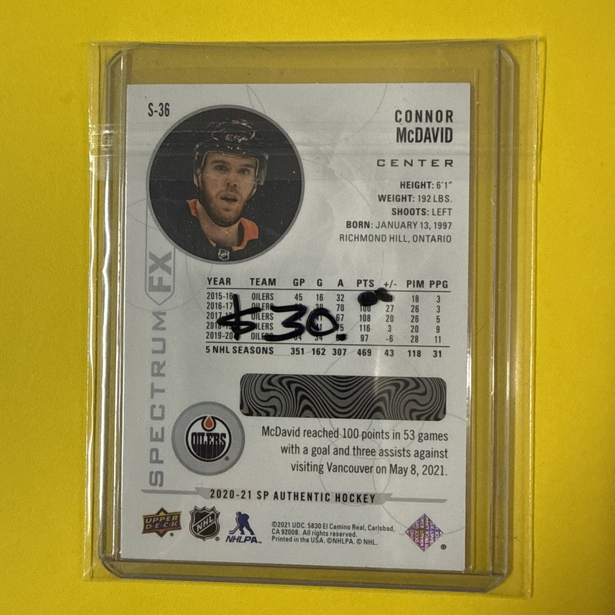 Connor McDavid 2020/21 Spectrum FX Card - back