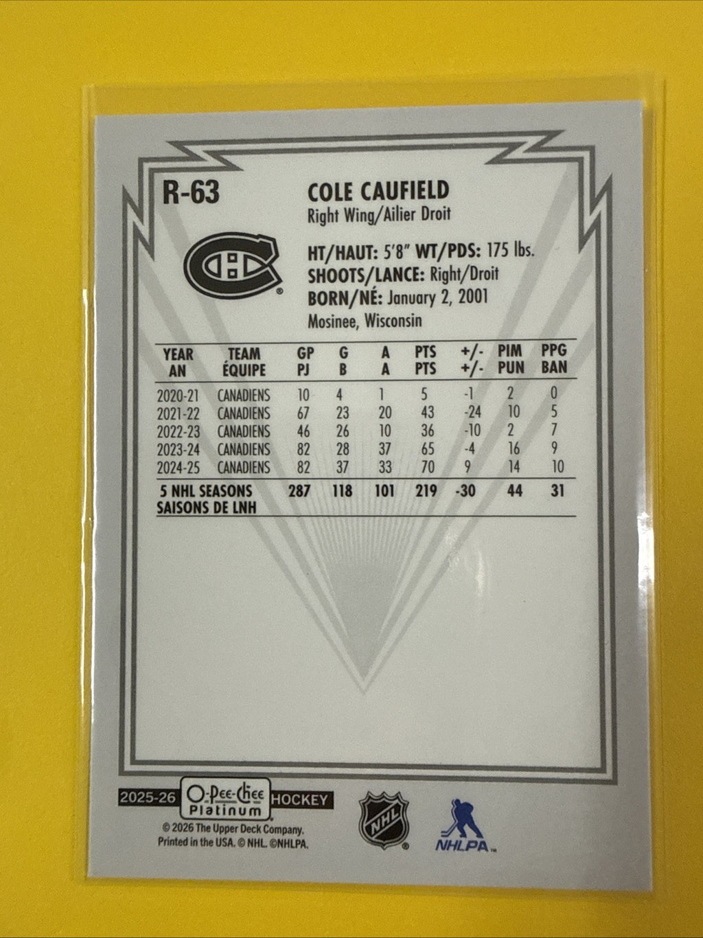 Cole Caufield . 2025/26 O Pee Chee Platinum Retro Card - back