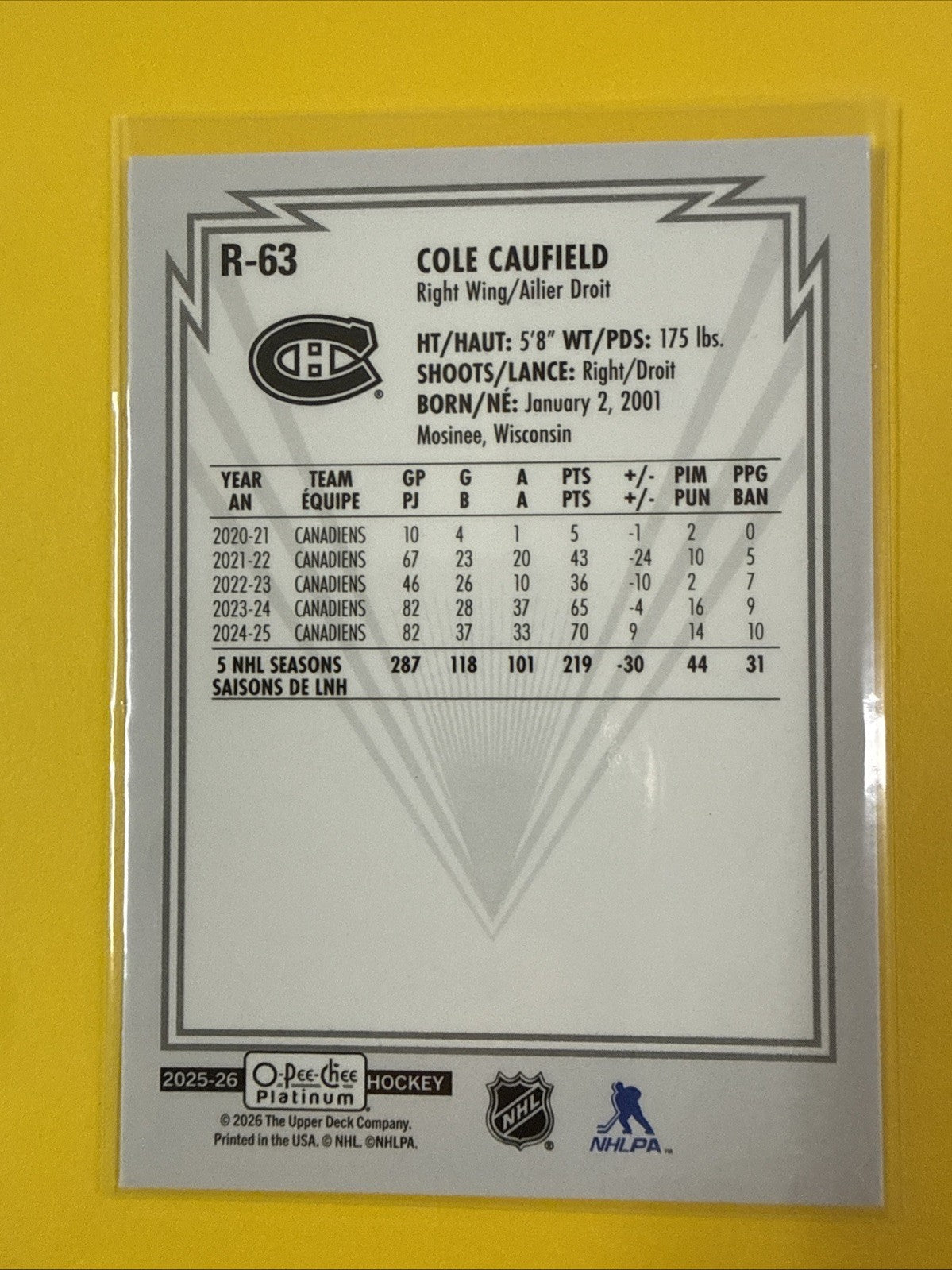 Cole Caufield . 2025/26 O Pee Chee Platinum Retro Card - back