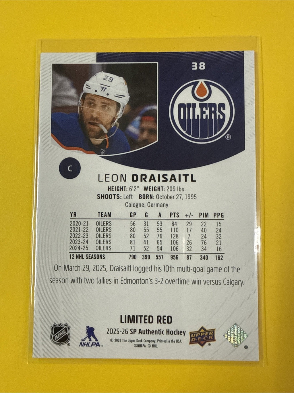 2025-26 UD SP Authentic Limited Red Leon Draisaitl #38 - back