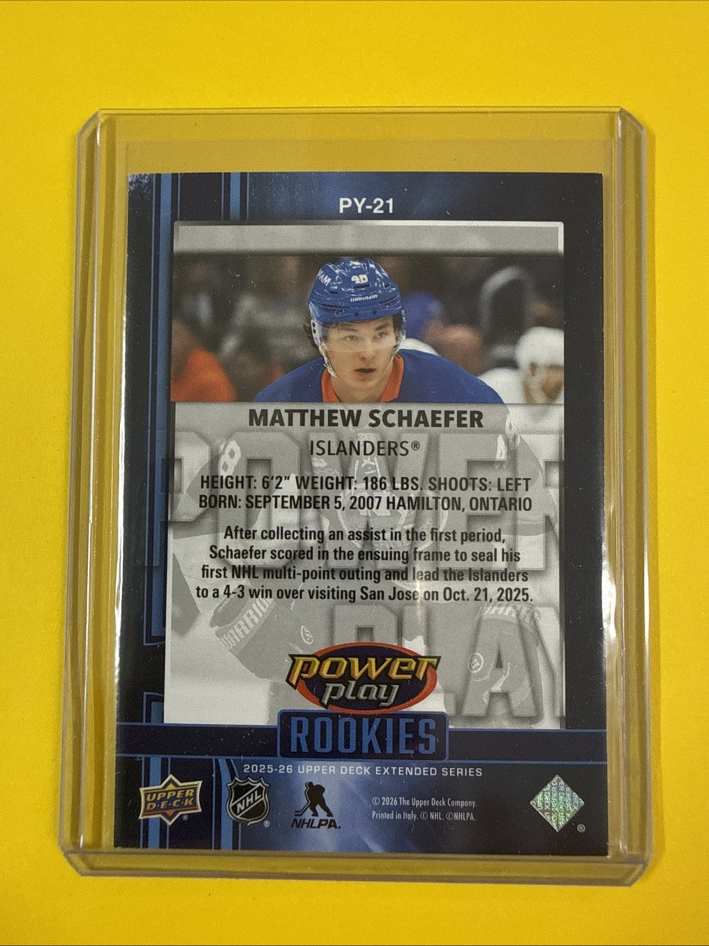 Matthew Schaefer 2025/26 UD Power Play Rookie Card - back