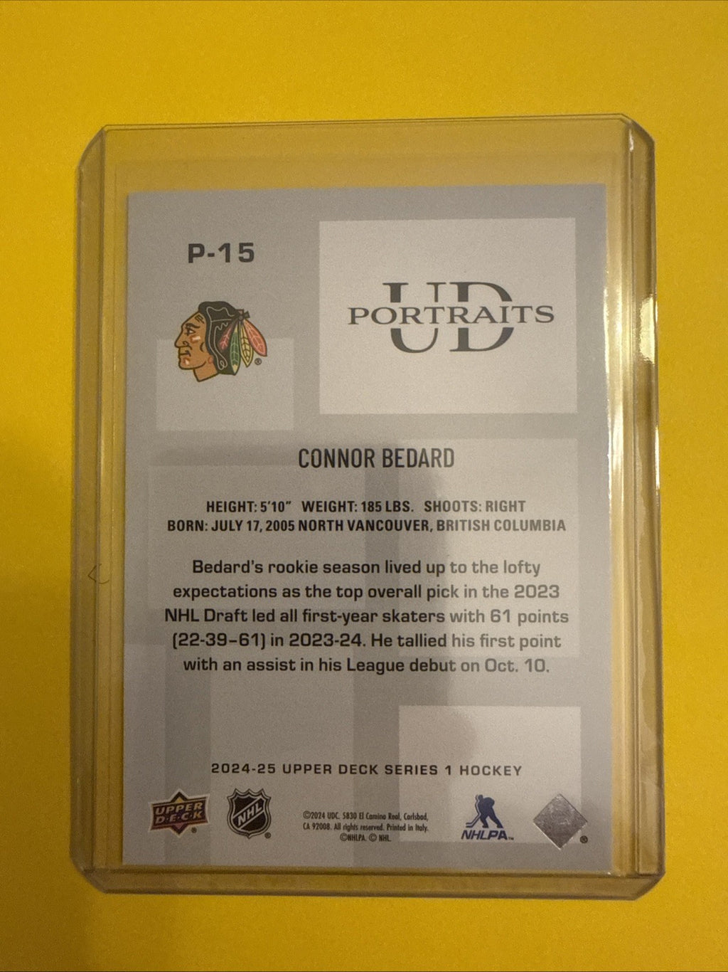Connor Bedard 2024/25 UD Portraits Card - back