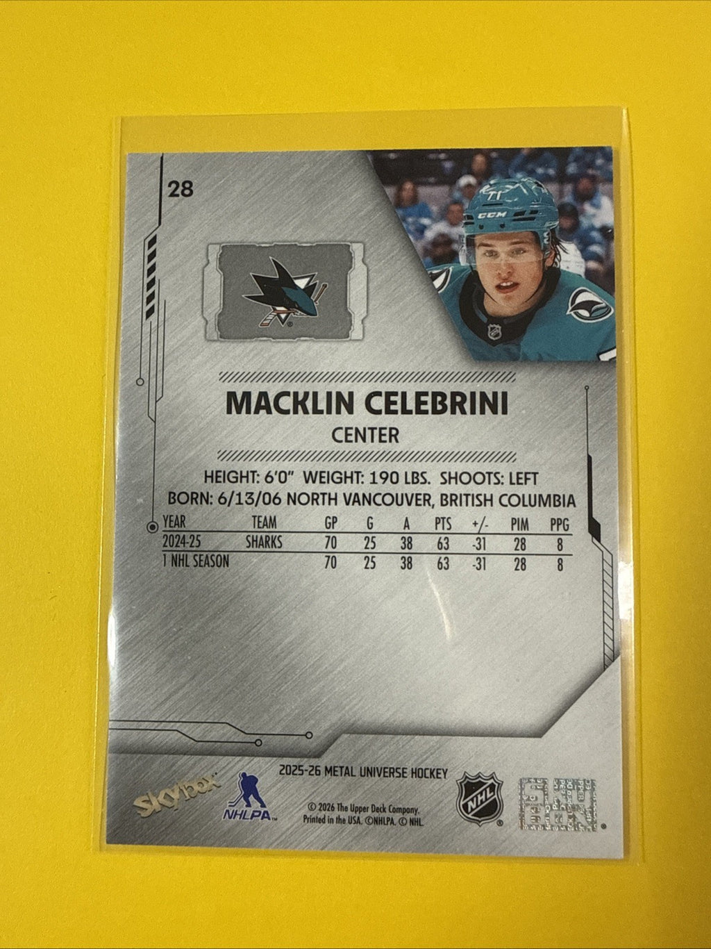 Macklin Celebrini 2025/26 Metal Universe Hockey Card - back