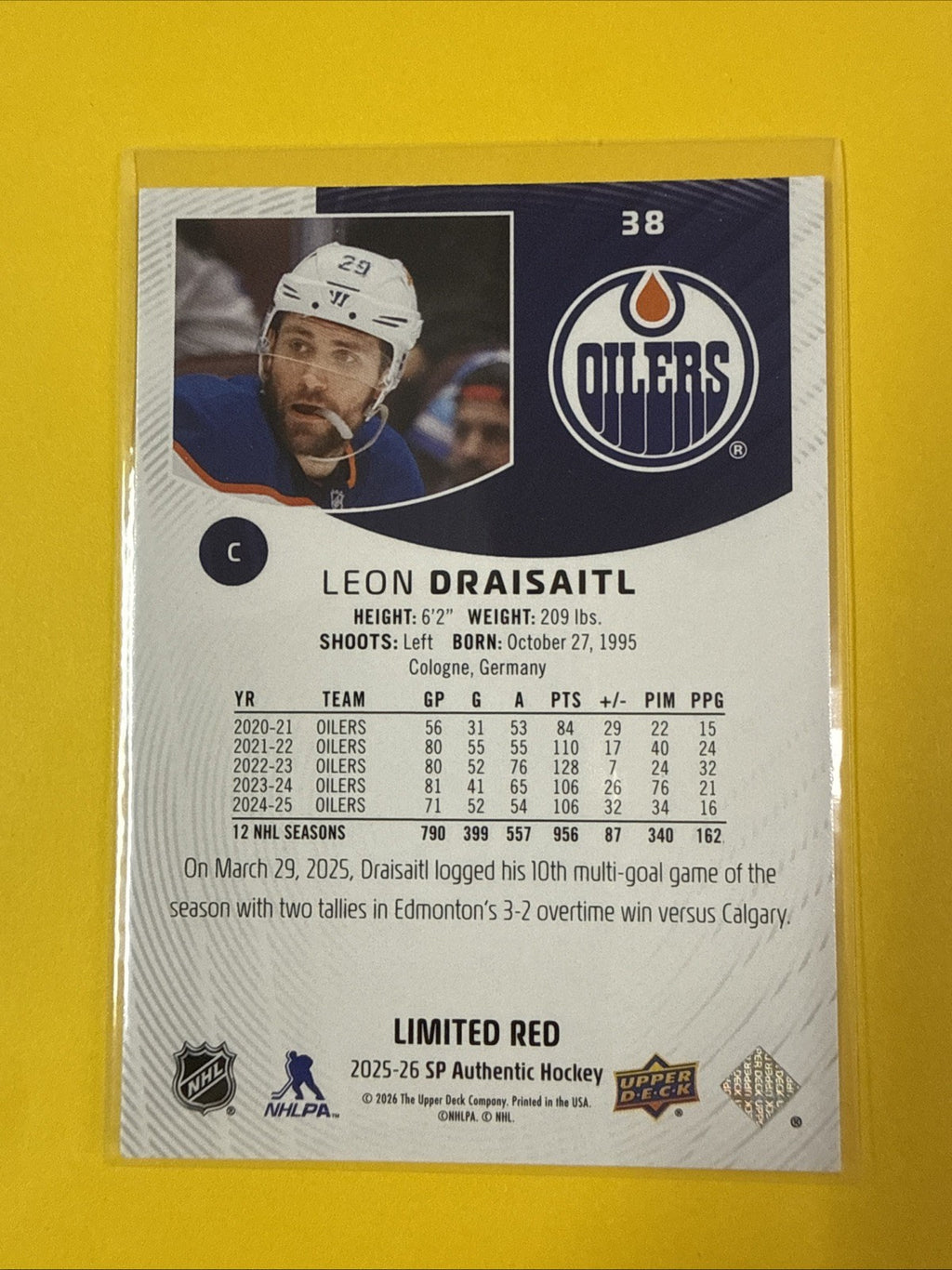 2025-26 UD SP Authentic Limited Red Leon Draisaitl #38 - back