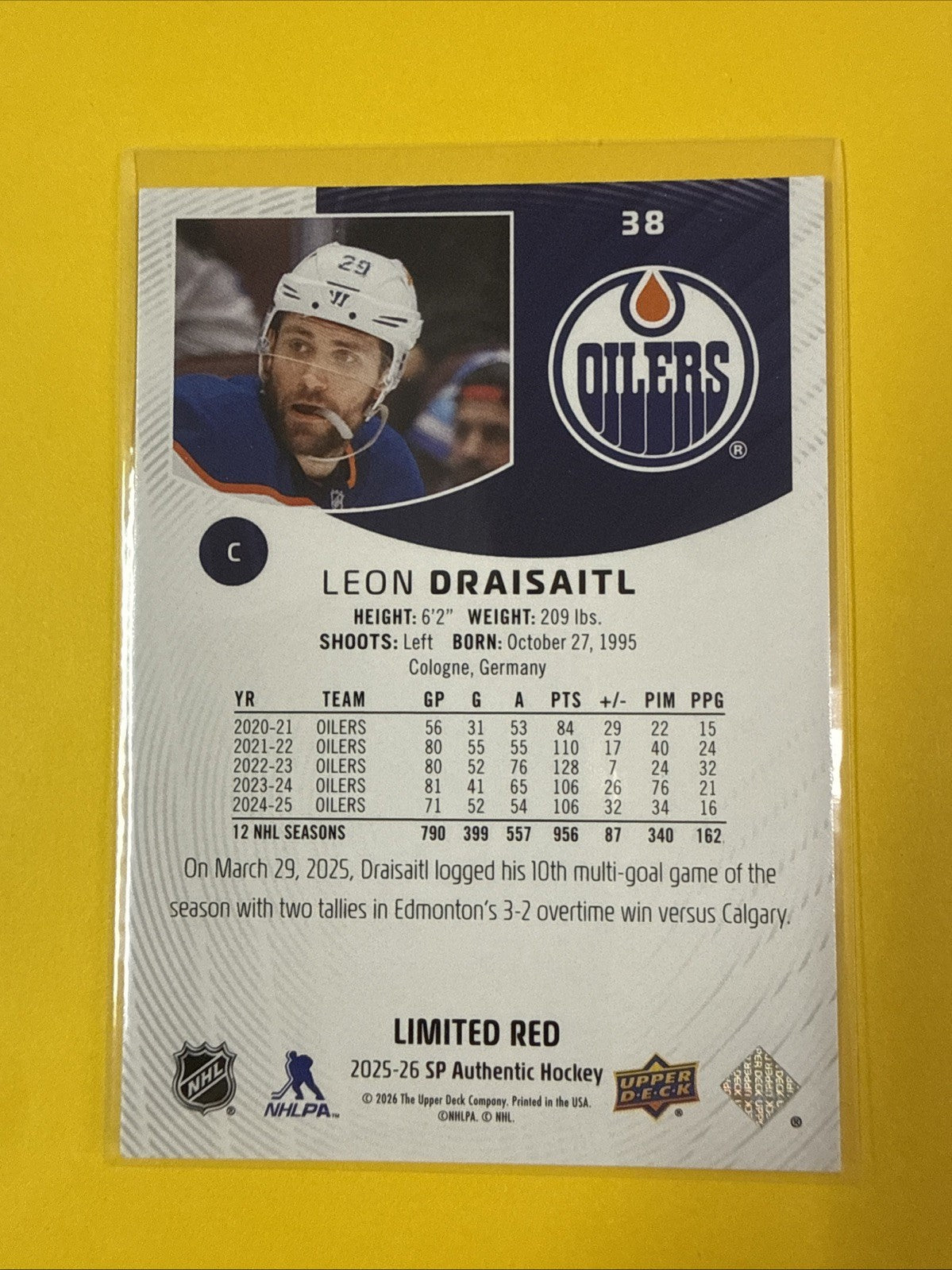 2025-26 UD SP Authentic Limited Red Leon Draisaitl #38 - back