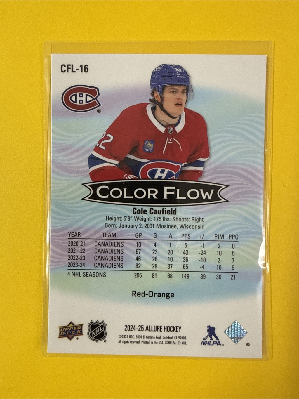 Cole Caufield 2024/25 Allure Color Flow Red/orange Card - back