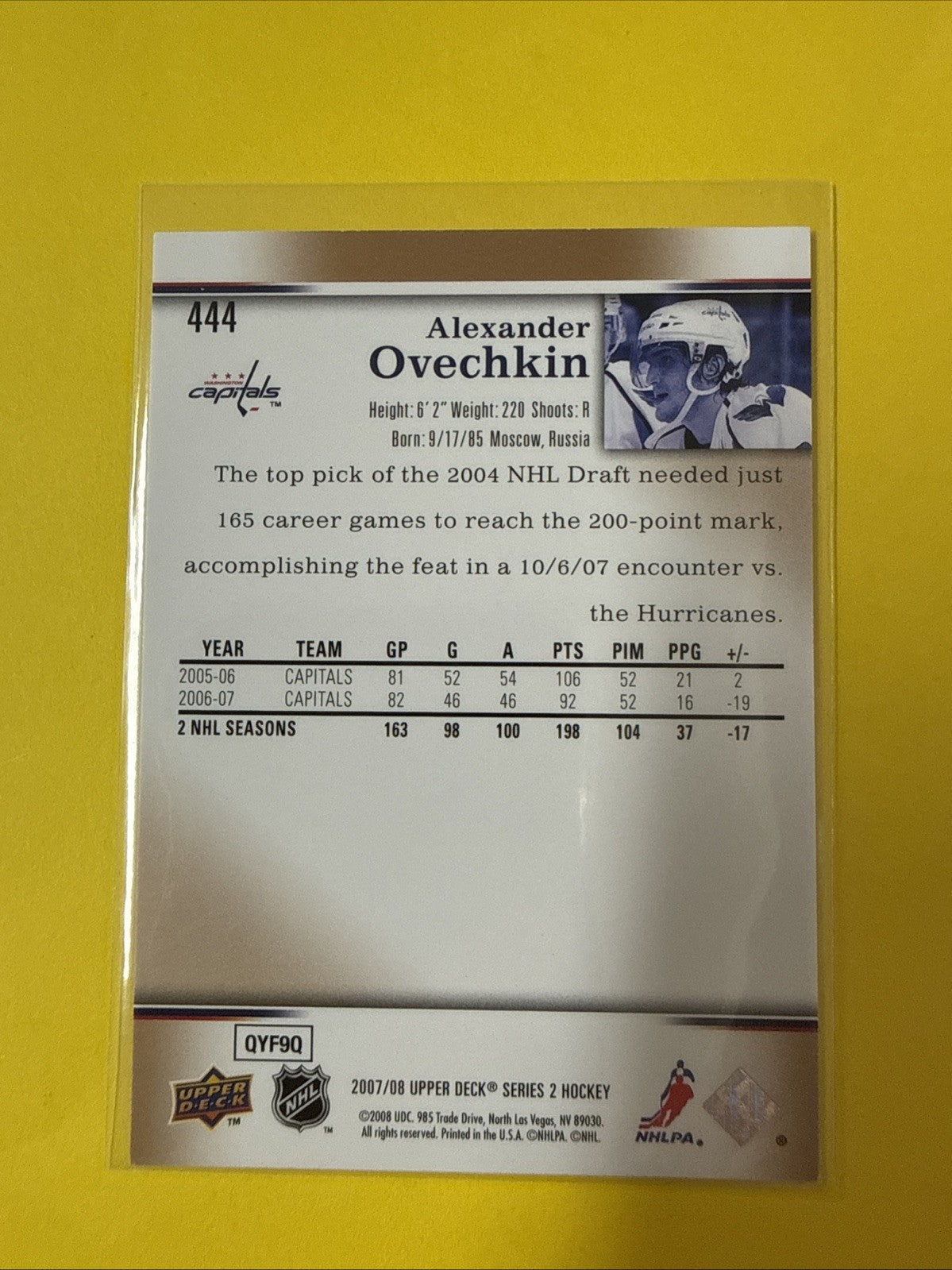 Alexander Ovechkin 2007 Card - back