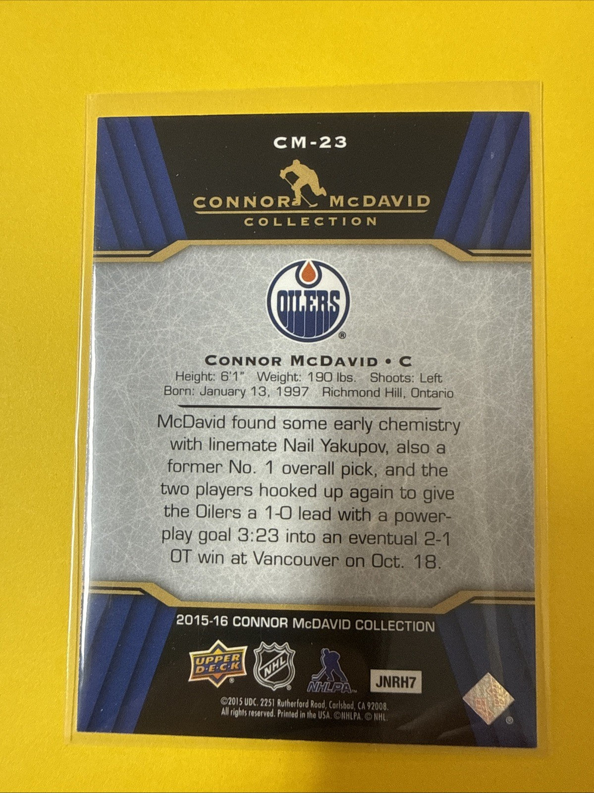 Connor McDavid 2015/16 Connor McDavid Collection Card CM-23 - back