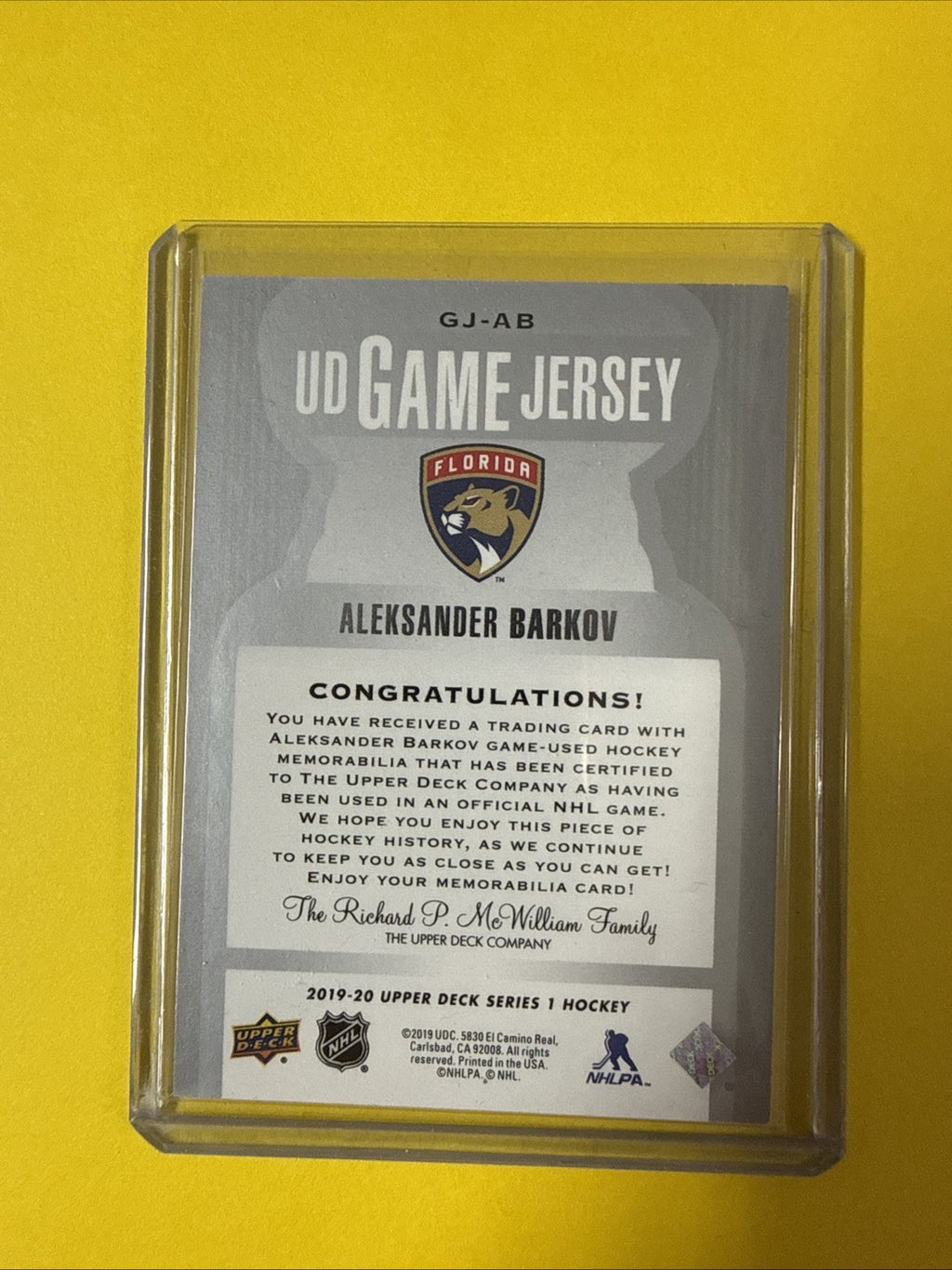 Aleksander Barkov 2019/20 UD Jersey Card - back