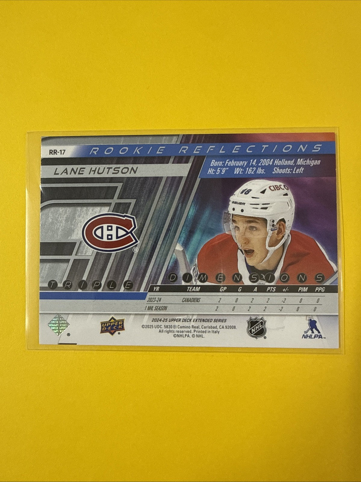 Lane Hutson 2024/25 UD Reflections Rookie Card - back