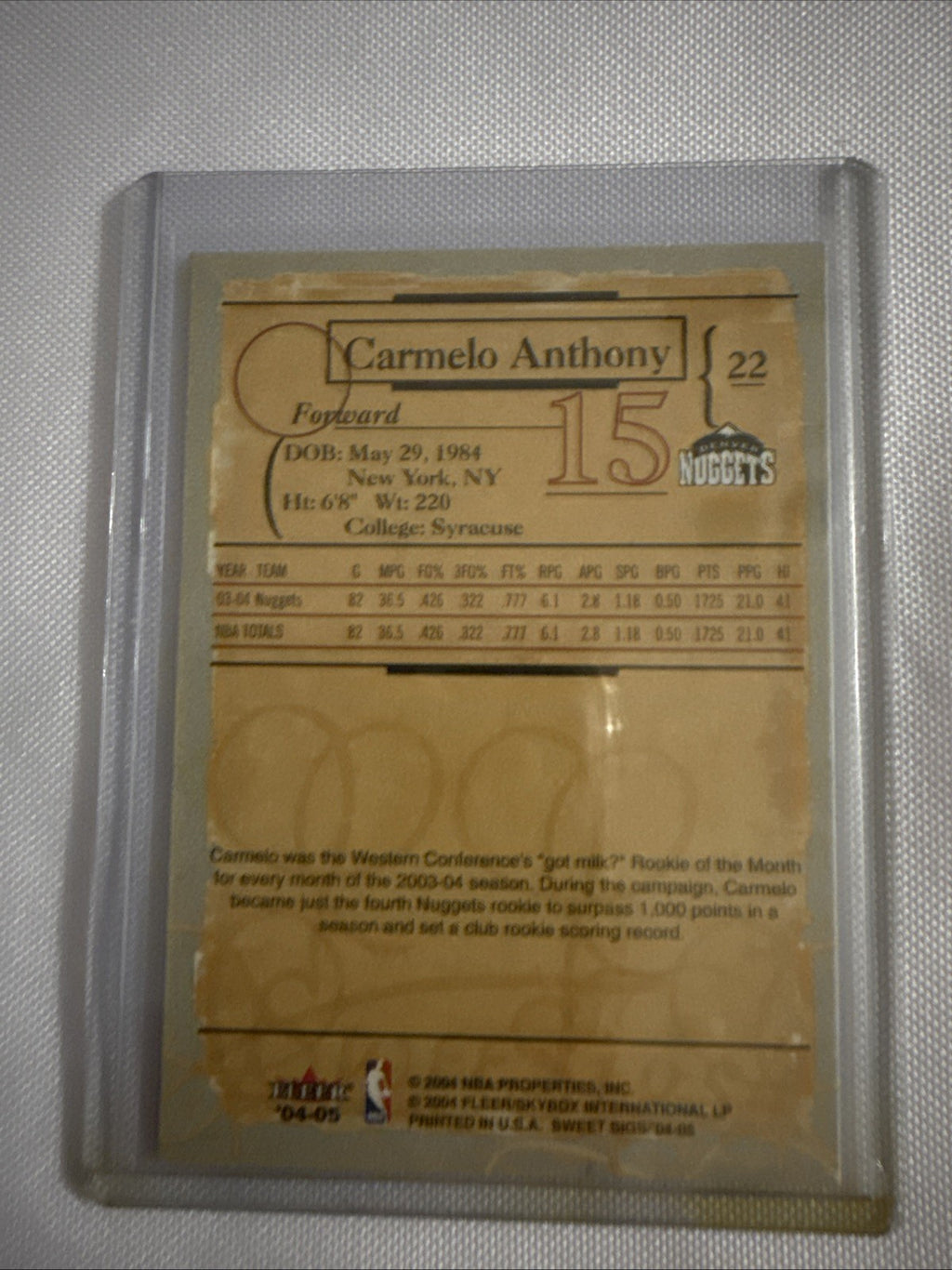 Carmelo Anthony 2004 Fleer Sweetsigs Cards - back