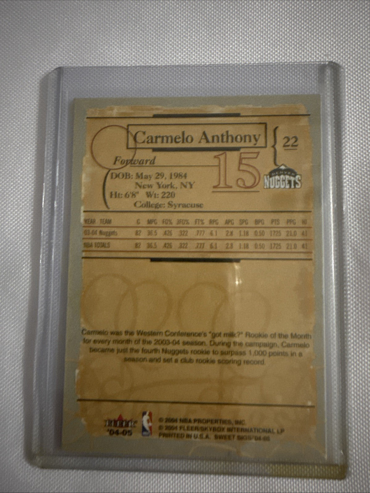 Carmelo Anthony 2004 Fleer Sweetsigs Cards - back