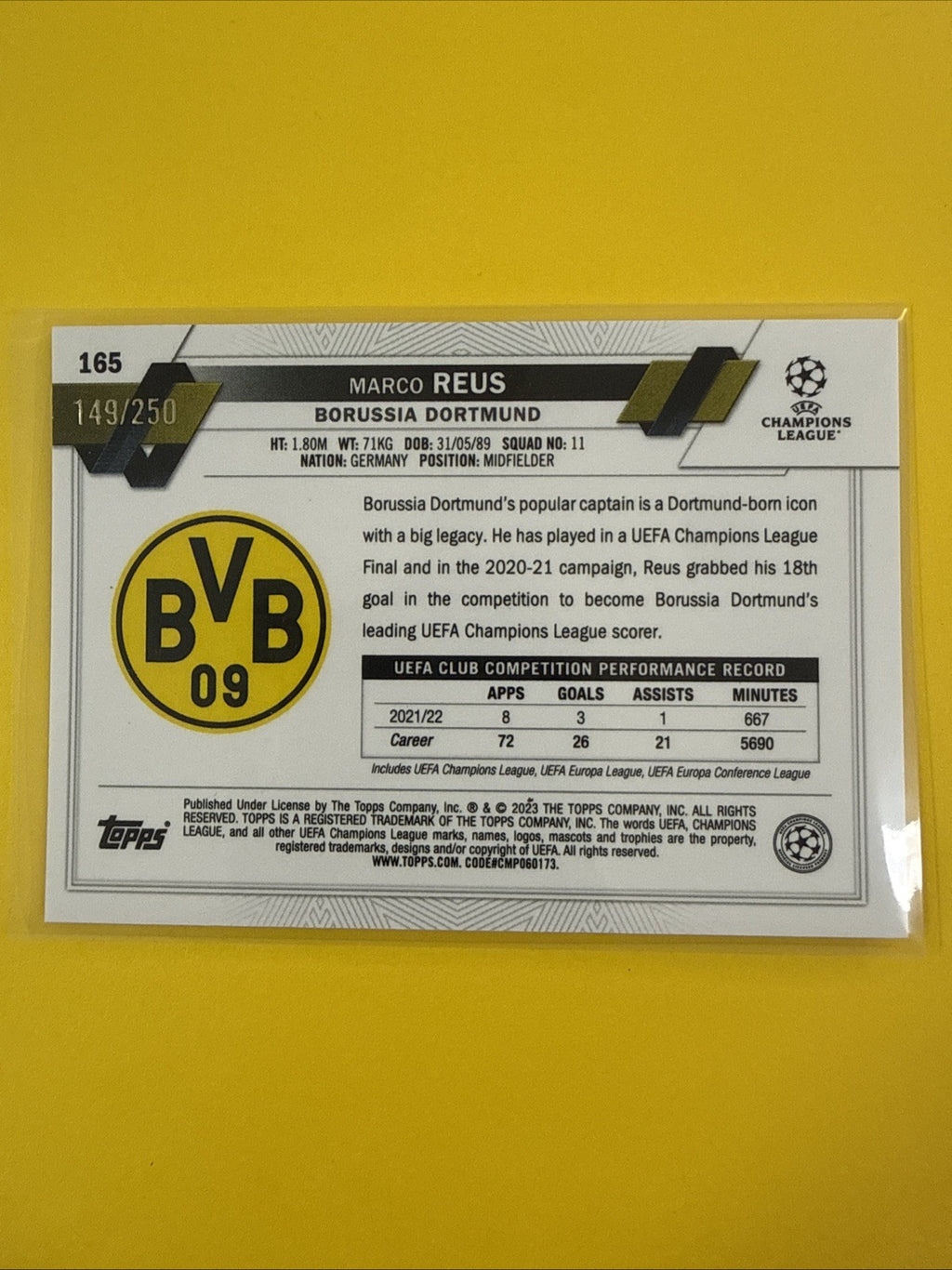 Marco Reus 2022/23 Topps Chrome Borussia Dortmund Pink Sparkle Card.149/250 - back