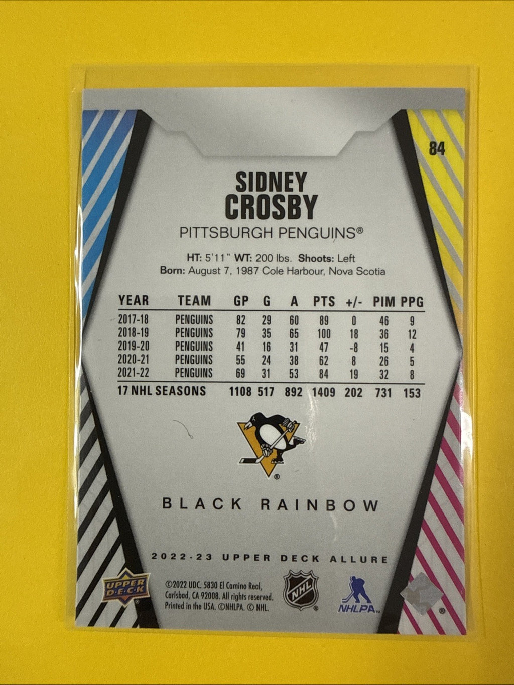 Sidney Crosby 2022/23 UD Allure Black Rainbow Card - back