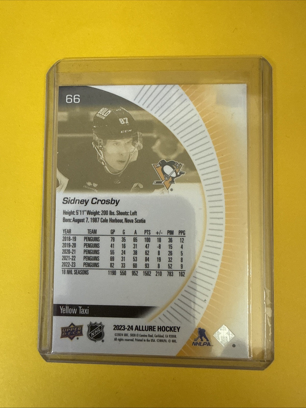 Sidney Crosby 2023/24 Allure Yellow Taxi Card - back