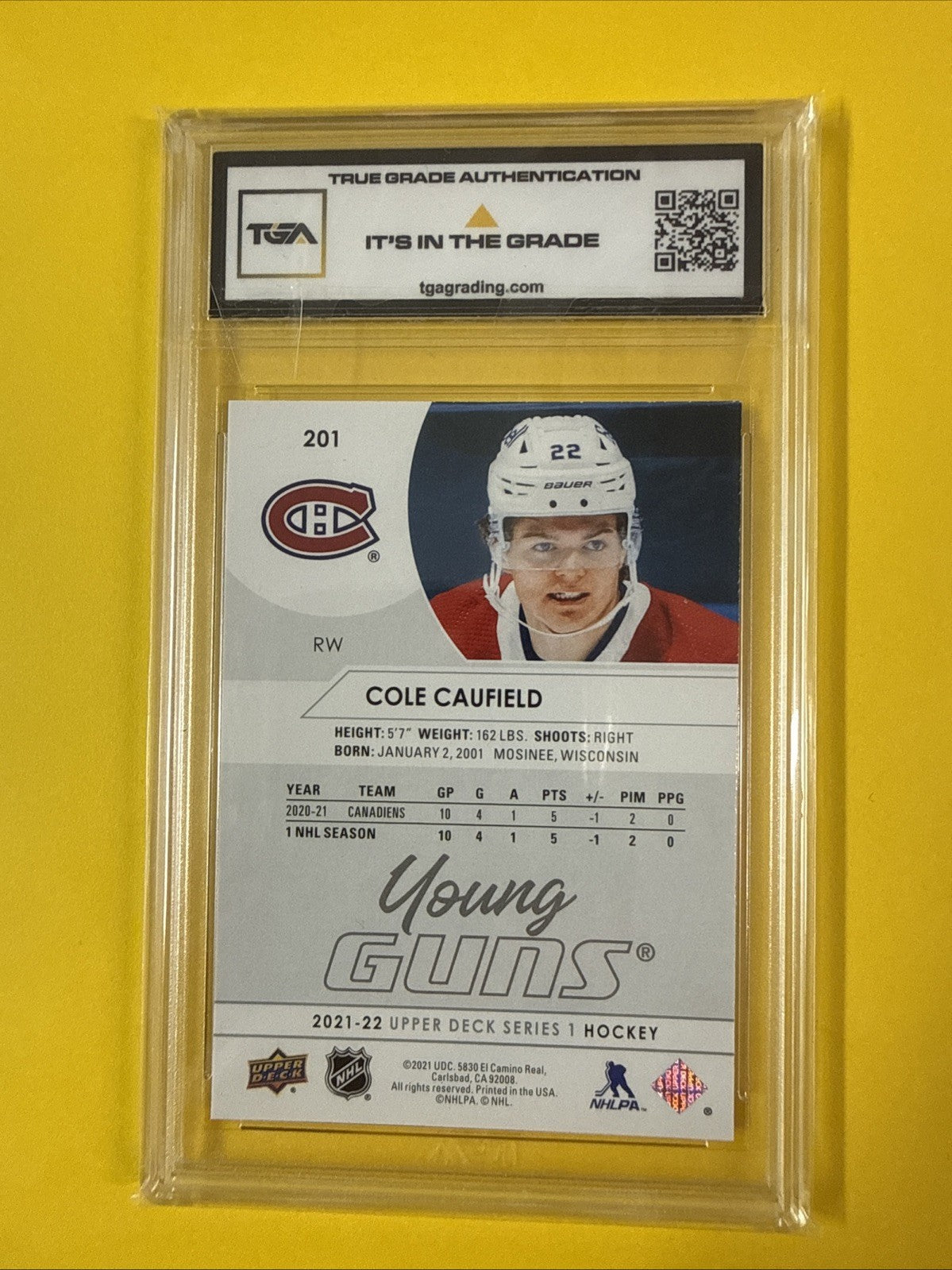 Cole Caufield 2021 UD Young Guns Rookie Card Graded 8 - back
