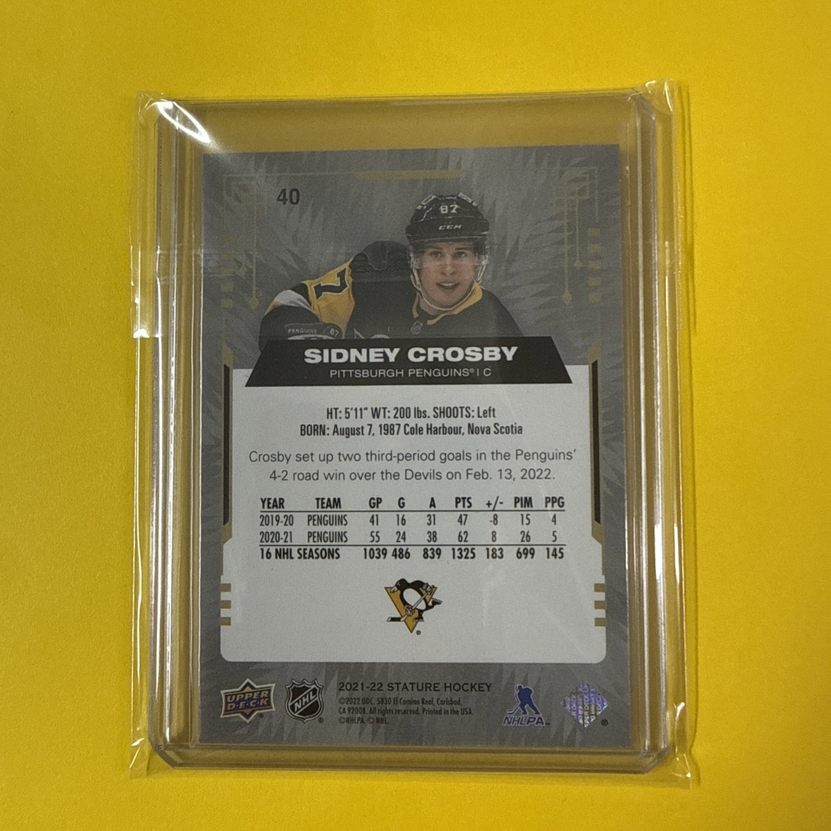 Sidney Crosby 2021/22 Stature Card - back