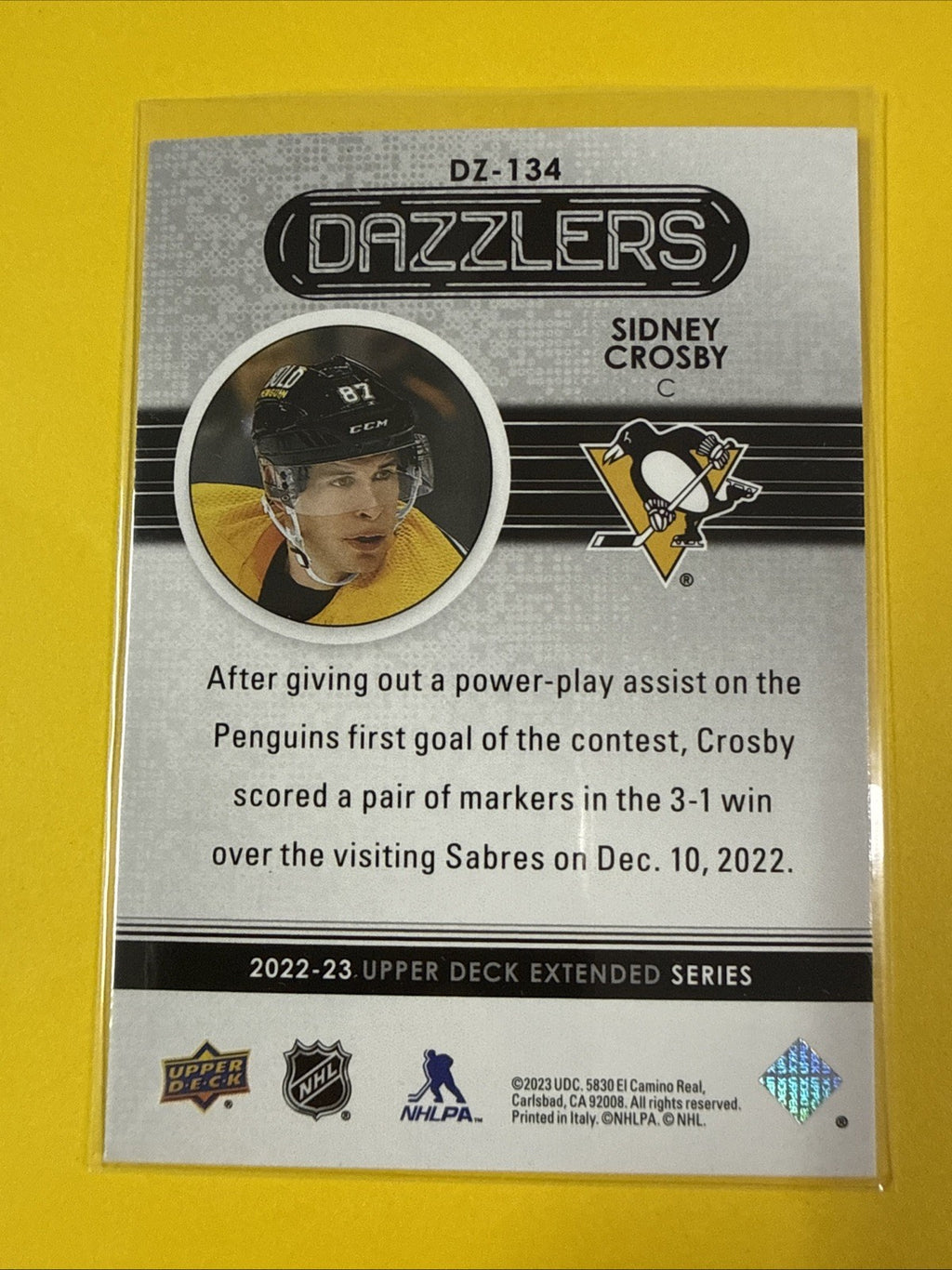 Sidney Crosby 2022/23 UD Blue Dazzlers Card - back