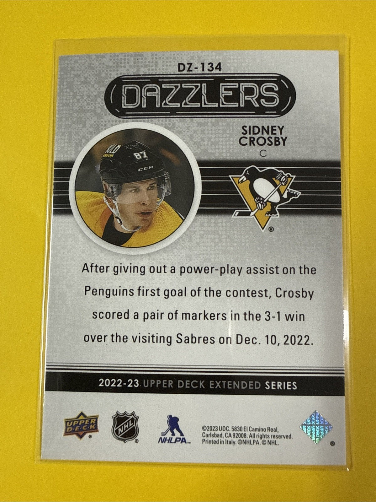 Sidney Crosby 2022/23 UD Blue Dazzlers Card - back