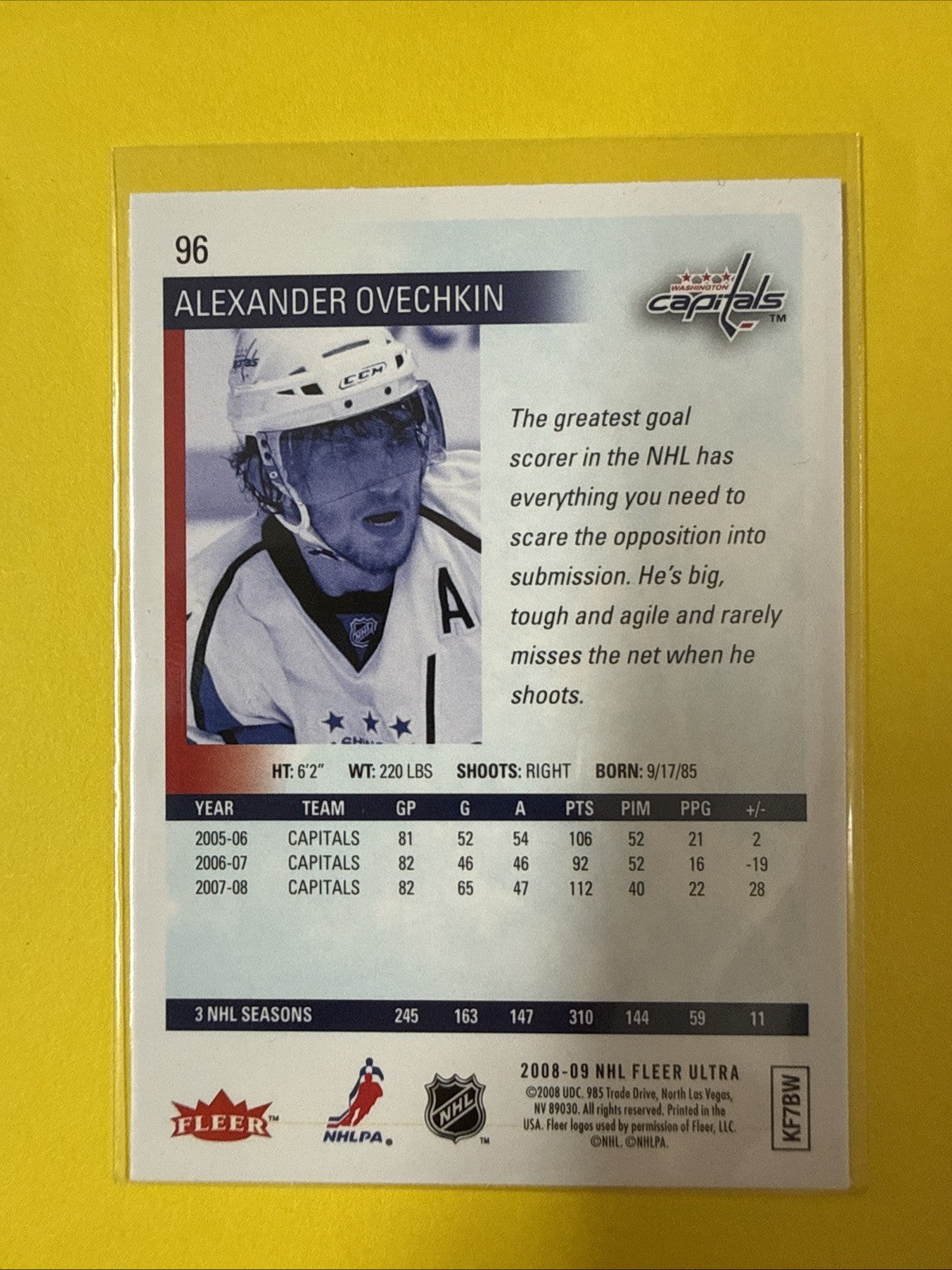 Alexander Ovechkin 2008 Card - back