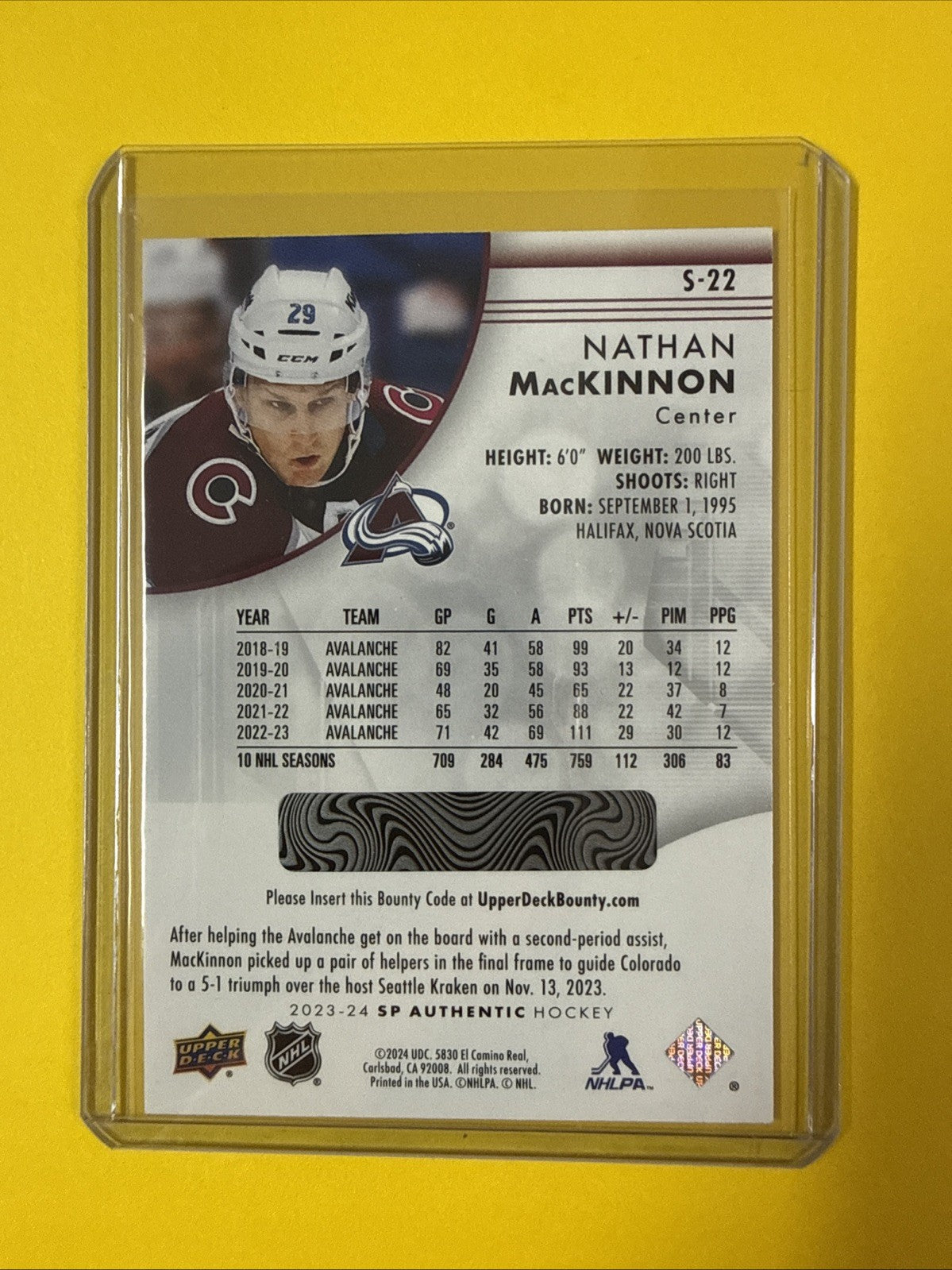 Nathan MacKinnon 2023/24 SP Authentic Spectrum FX Card - back